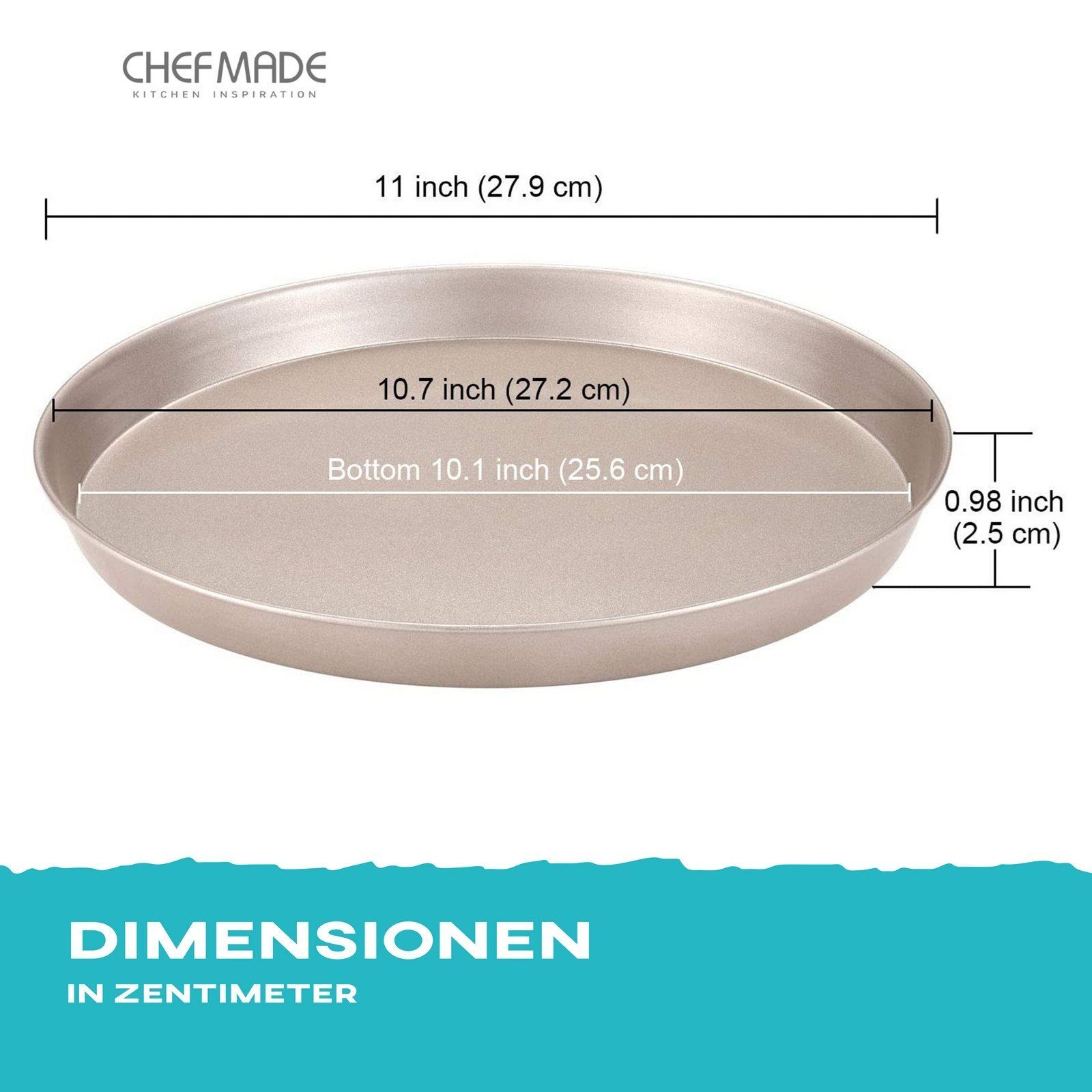 Chefmade Pizzablech Backblech, Karbonstahl, (CHEFMADE, 28cm Pizzablech rund, 279x25mm, Champagnergold, antihaft- & silikonbeschichtet, Pizzaform, Kuchenblech, Tarteform, Quicheform, Ofenblech, Karbonstahl, 1-St., Premium), Pizzablech - Pizzablech Run