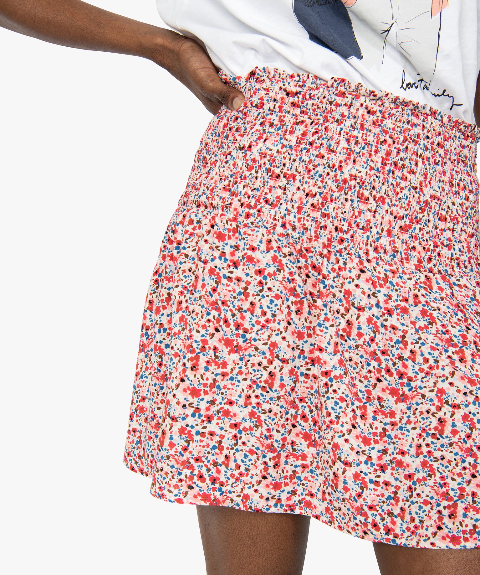 Jupe femme à motifs fleuris et large taille smockée imprime | GEMO
