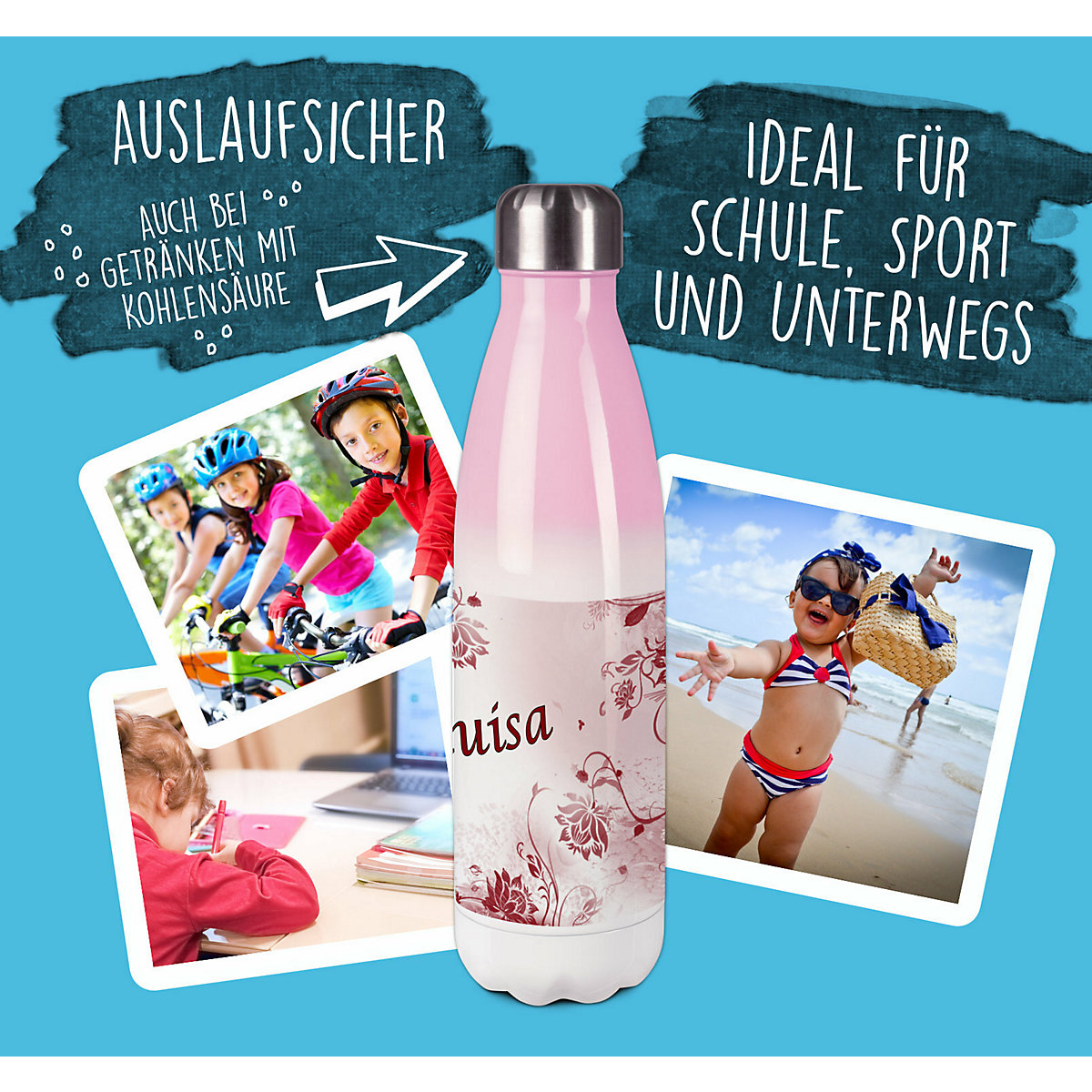 Edelstahl Kinder Thermoflasche / Trinkflasche bunt Blumenranke Farbe rot Spülmaschinenfest, Auslaufsicher, Bruchfest, Doppelwandig, Für Heißgetränke geeignet, Mit Deckel, Isoliert