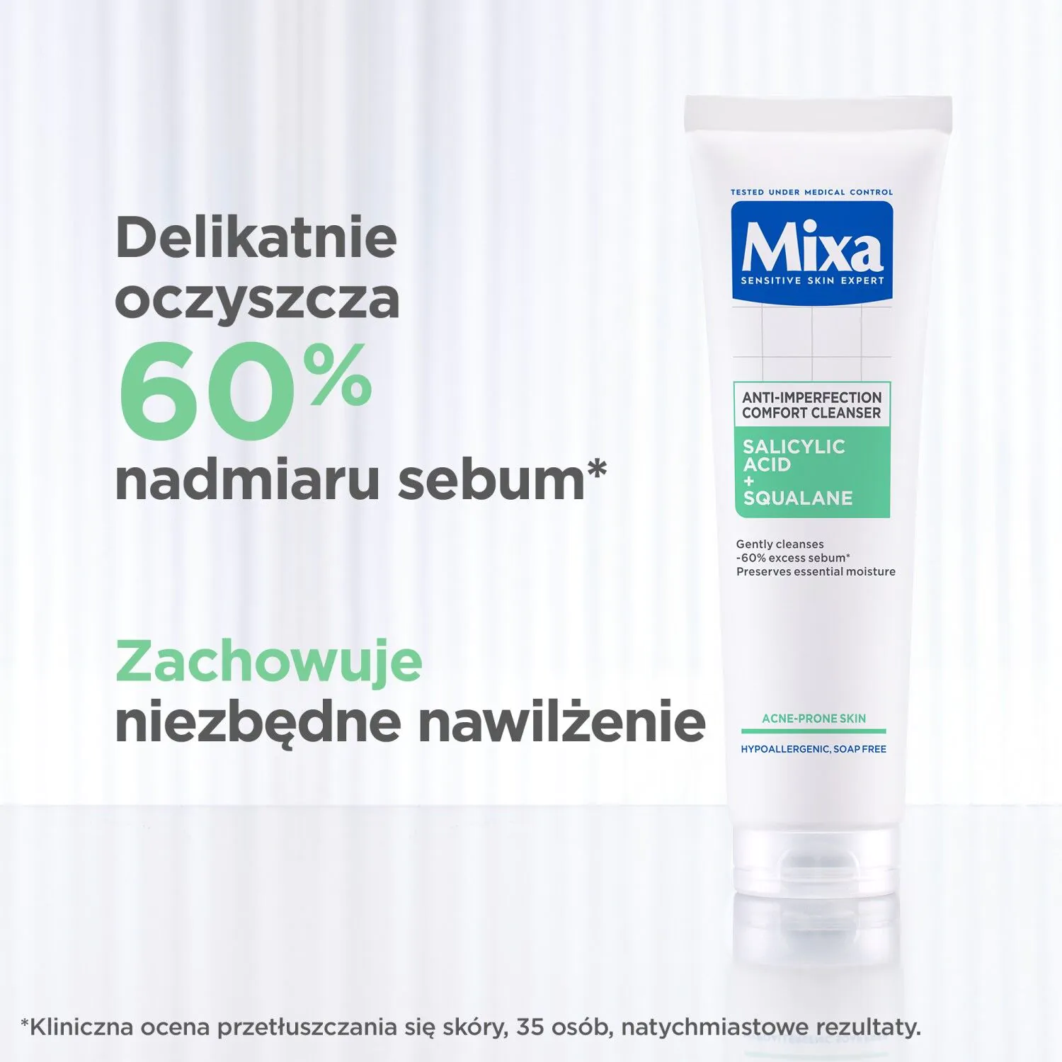 „Mixa Anti-Imperfection“ veido valymo gelis su salicilo rūgštimi ir skvalanu