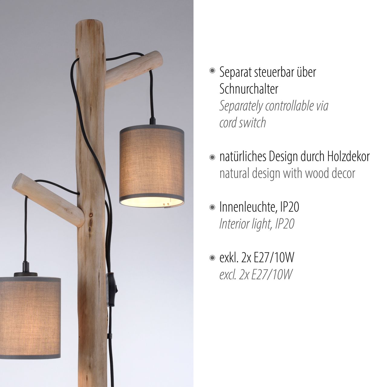 JUST LIGHT Stehleuchte GREEN TRIBU, 2x E27/10,00Watt max., Eukalyptusholz, Taupe