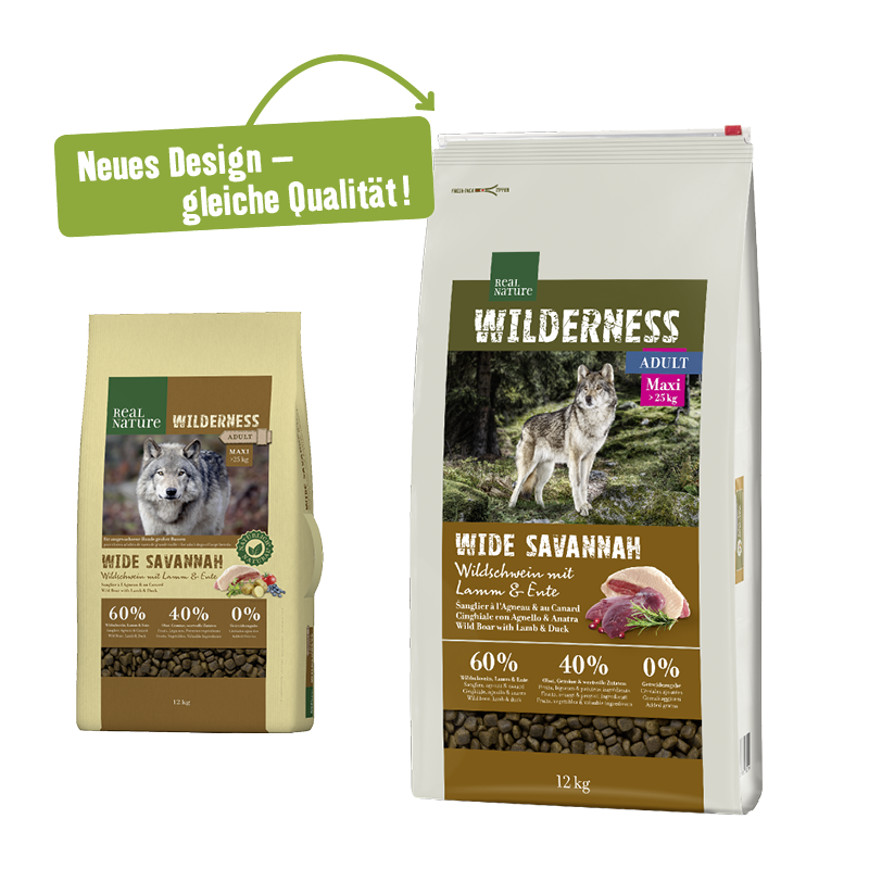 REAL NATURE Hundetrockenfutter REAL NATURE WILDERNESS Maxi Adult Wide Savannah mit Wildschwein, Lamm & Ente 12 kg