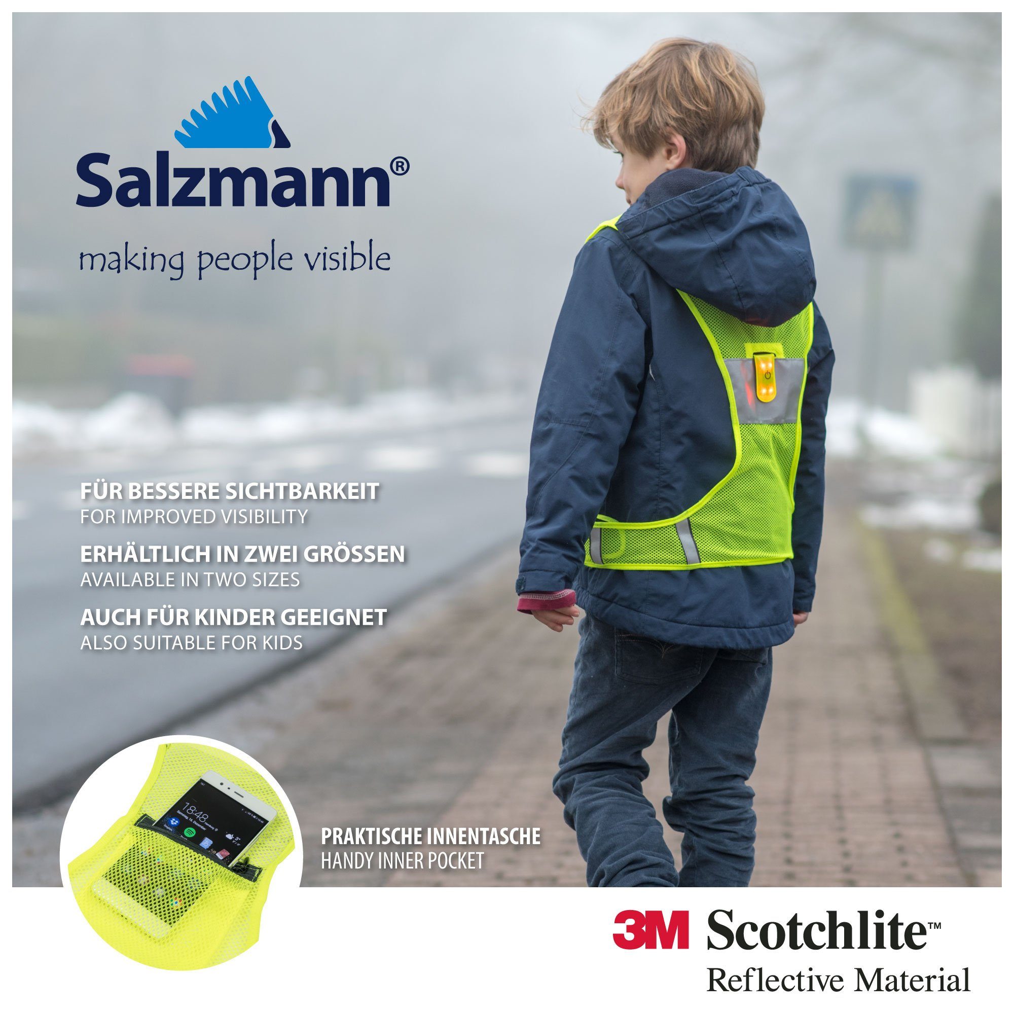 Salzmann Warnweste Laufweste mit LED Licht, mit 3M Scotchlite Reflektorstreifen