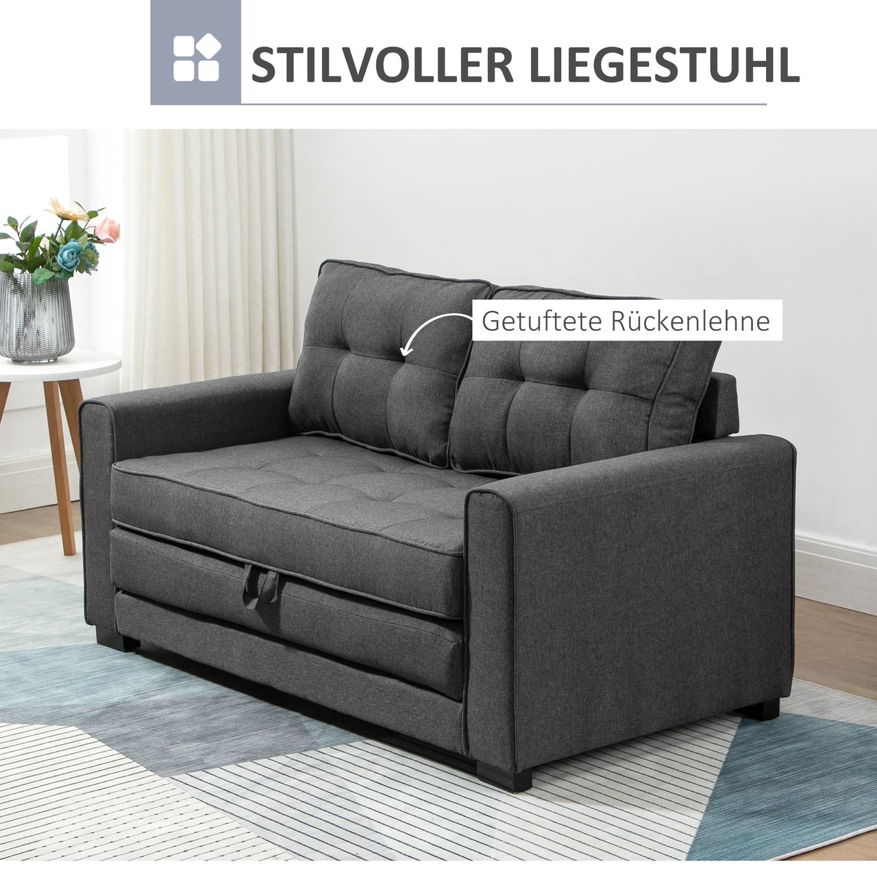 HOMCOM Schlafsofa Klappsofa 2-Sitzer Stoffsofa Leinen-Touch Gummiholz Grau