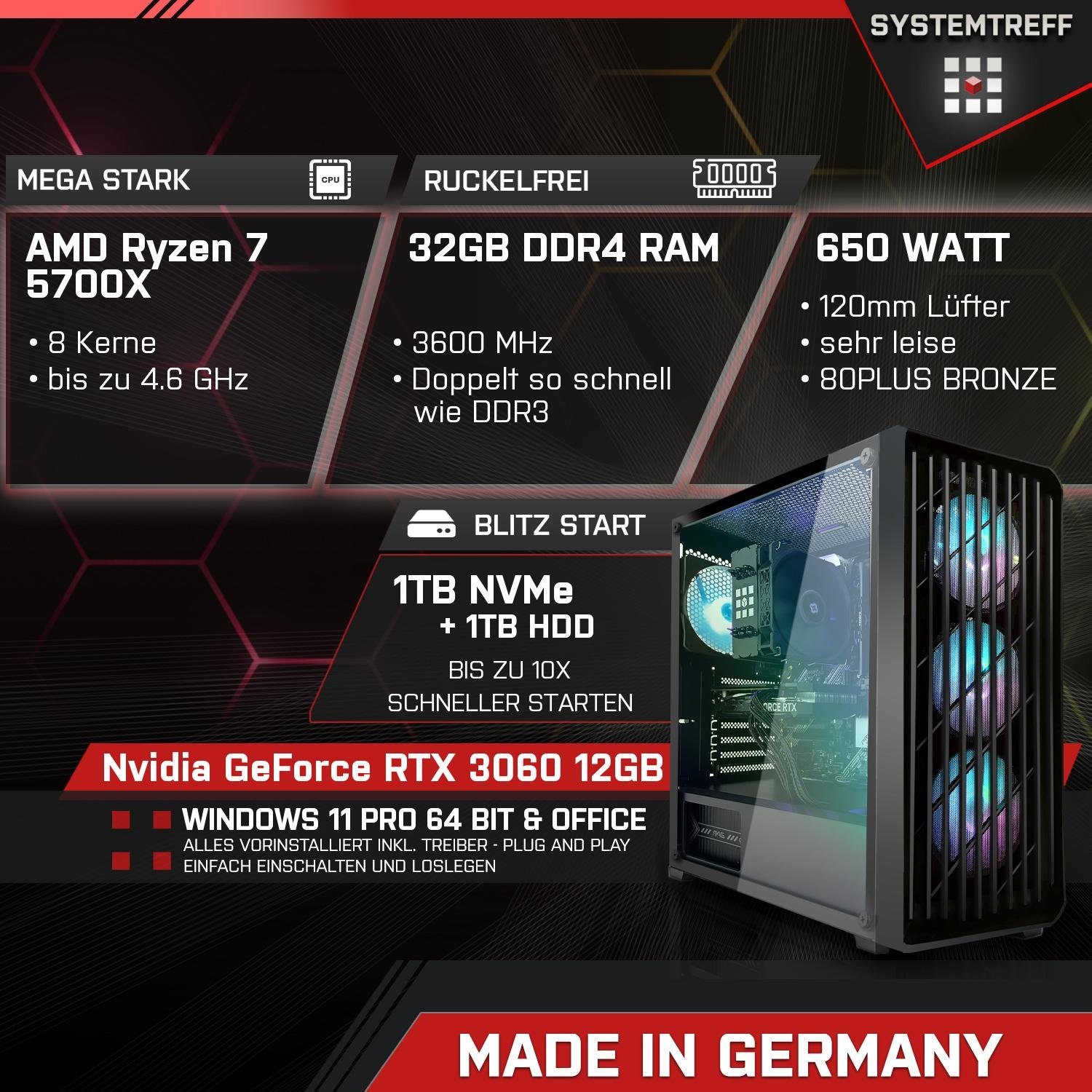 SYSTEMTREFF Gaming-PC (AMD Ryzen 7 5700X, GeForce RTX 3060, 32 GB RAM, 1000 GB HDD, 1000 GB SSD, Luftkühlung, Windows 11, WLAN)