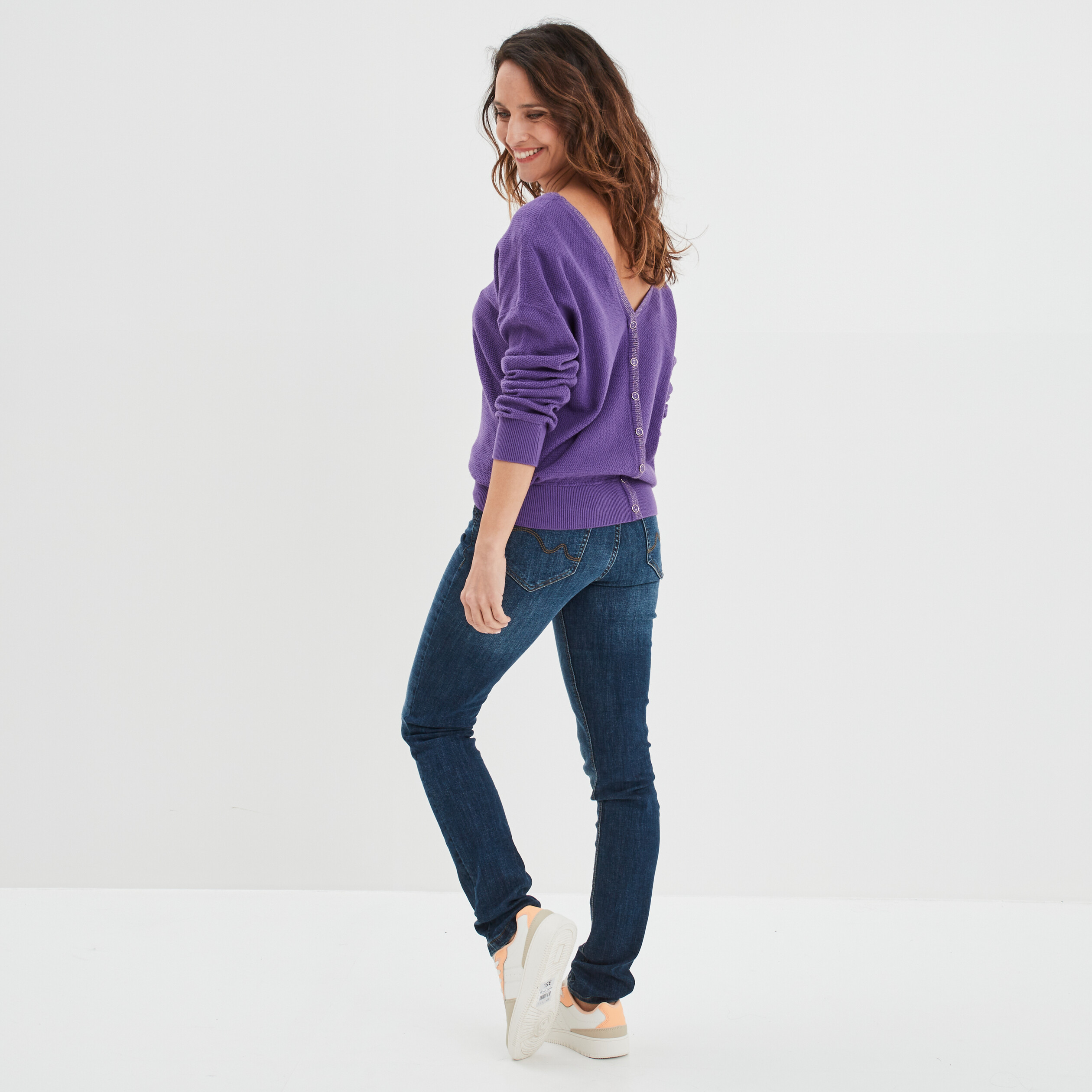 Pull gilet recto-verso col en V violet femme | La Halle
