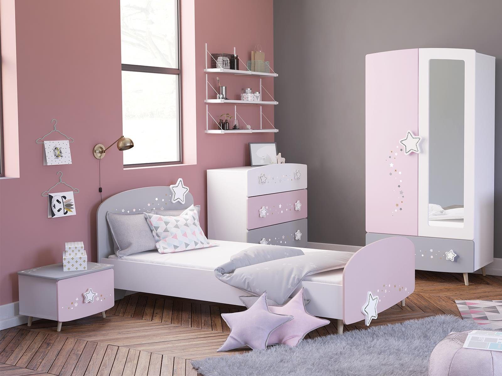 möbelando Jugendzimmer-Set Savannah, (4-St), Modernes Kinderzimmer in Pastellfarben (Weiß/Grau/Rosa), Korpus aus Spanplatte, Front aus MDF bestehend aus 1 Kleiderschrank, 1 Schubladenkommode, 1 Bett und 1 Nachttisch. Individuelle Stellmöglichkeit