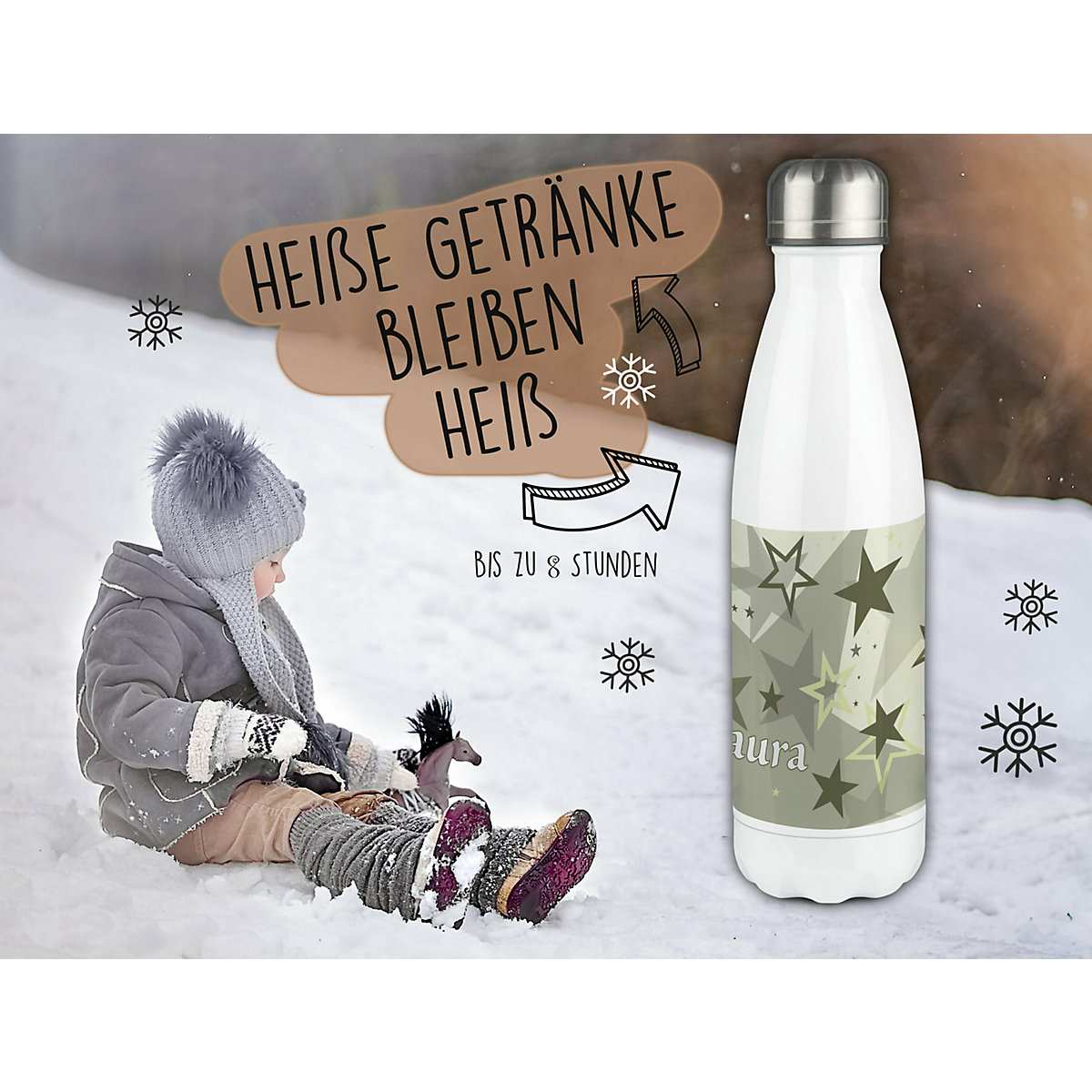 Edelstahl Kinder Thermoflasche / Trinkflasche bunt Sternenhimmel Farbe grau beige Spülmaschinenfest, Auslaufsicher, Bruchfest, Doppelwandig, Für Heißgetränke geeignet, Mit Deckel, Isoliert