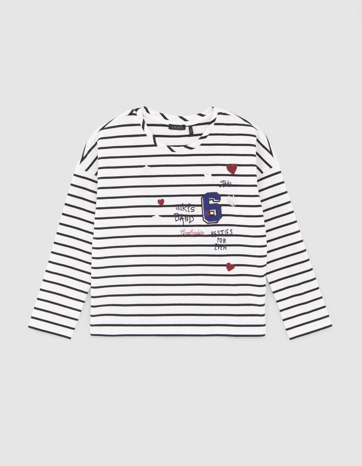 T-shirt marinière blanc cassé coton bio brodée fille