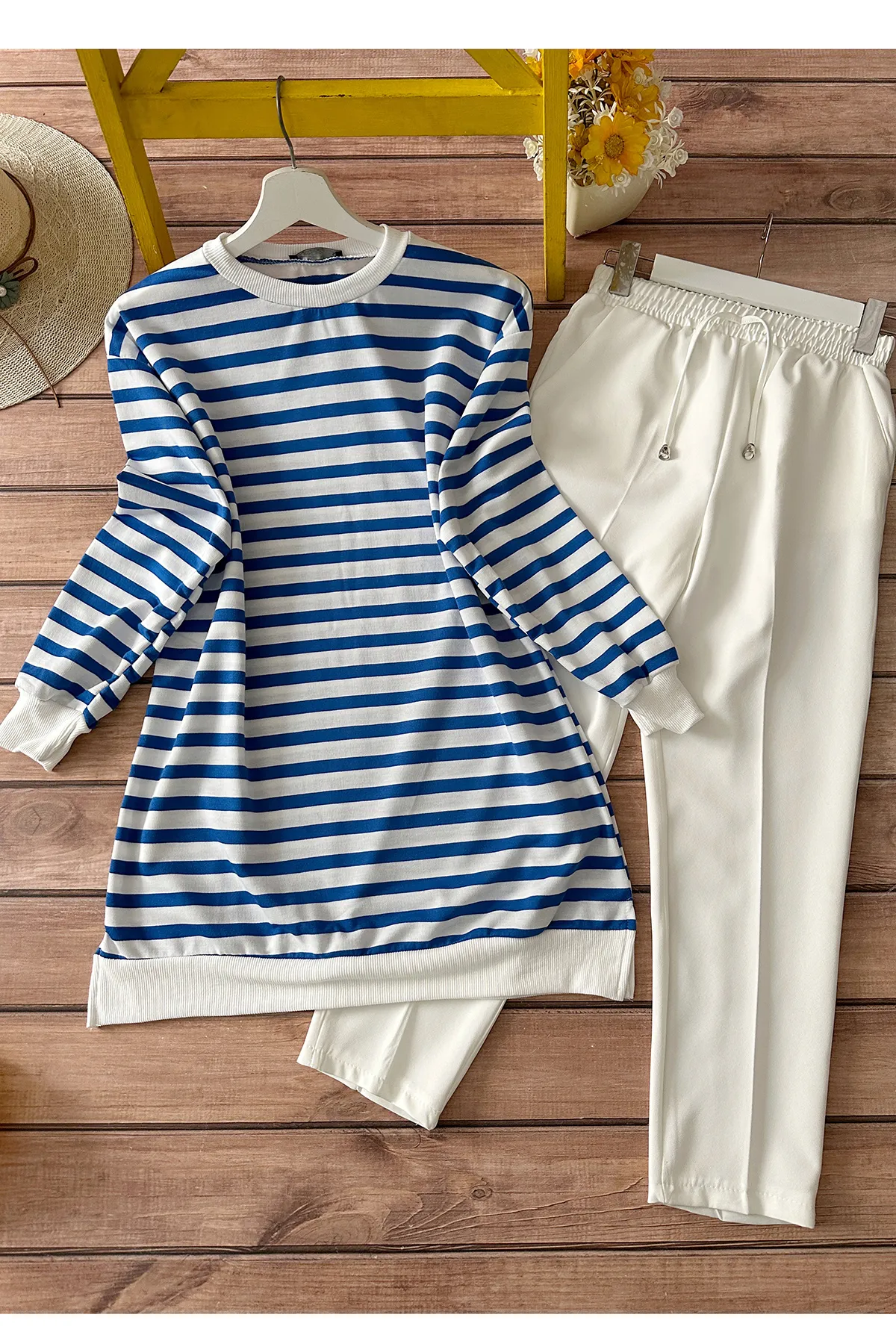 MODAQU  Kombi-Set aus Tunika und Hose mit Streifen - Blau