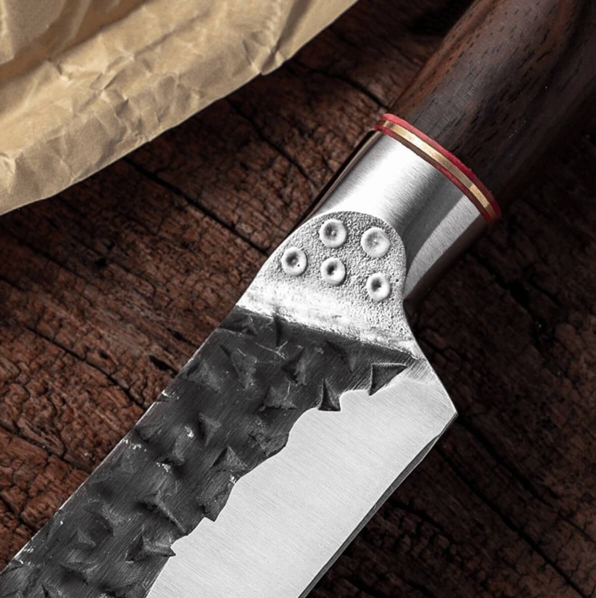 Küchenkompane Damastmesser Rustikales Chefmesser gebogen aus Edelstahl - Ergonomischer Holzgriff