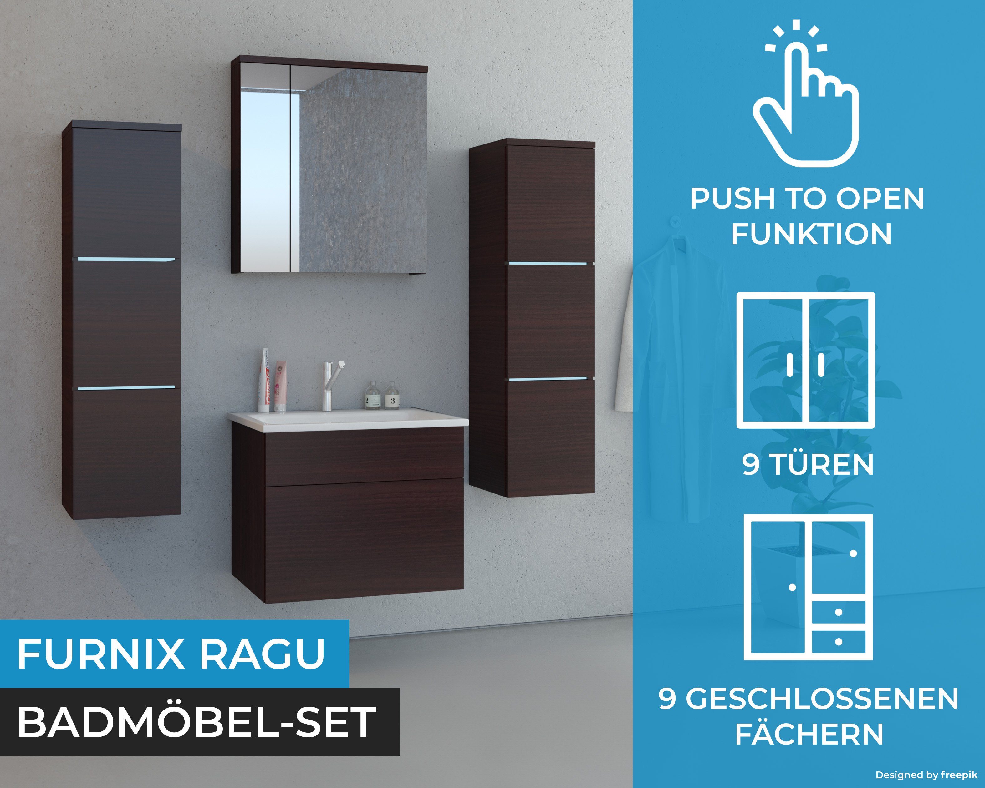 Furnix Badmöbel-Set RAGU 5-teilig, 4 Hängeschränke Push&Click + Waschbecken Auswahl, modern
