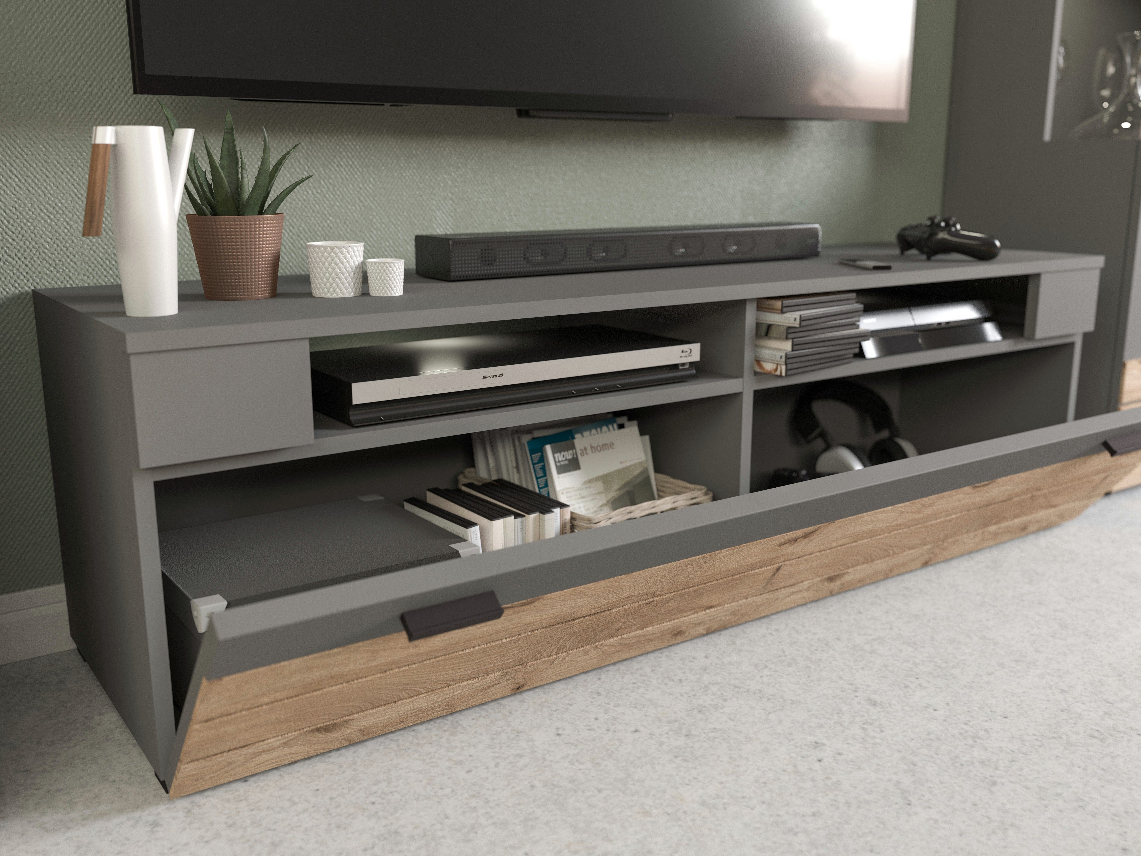 the kuup TV-Rack TV Lowboard Flach I Korpus & Fronten Matt Grau I Rahmen Nox Oak Eiche, Modell TK4