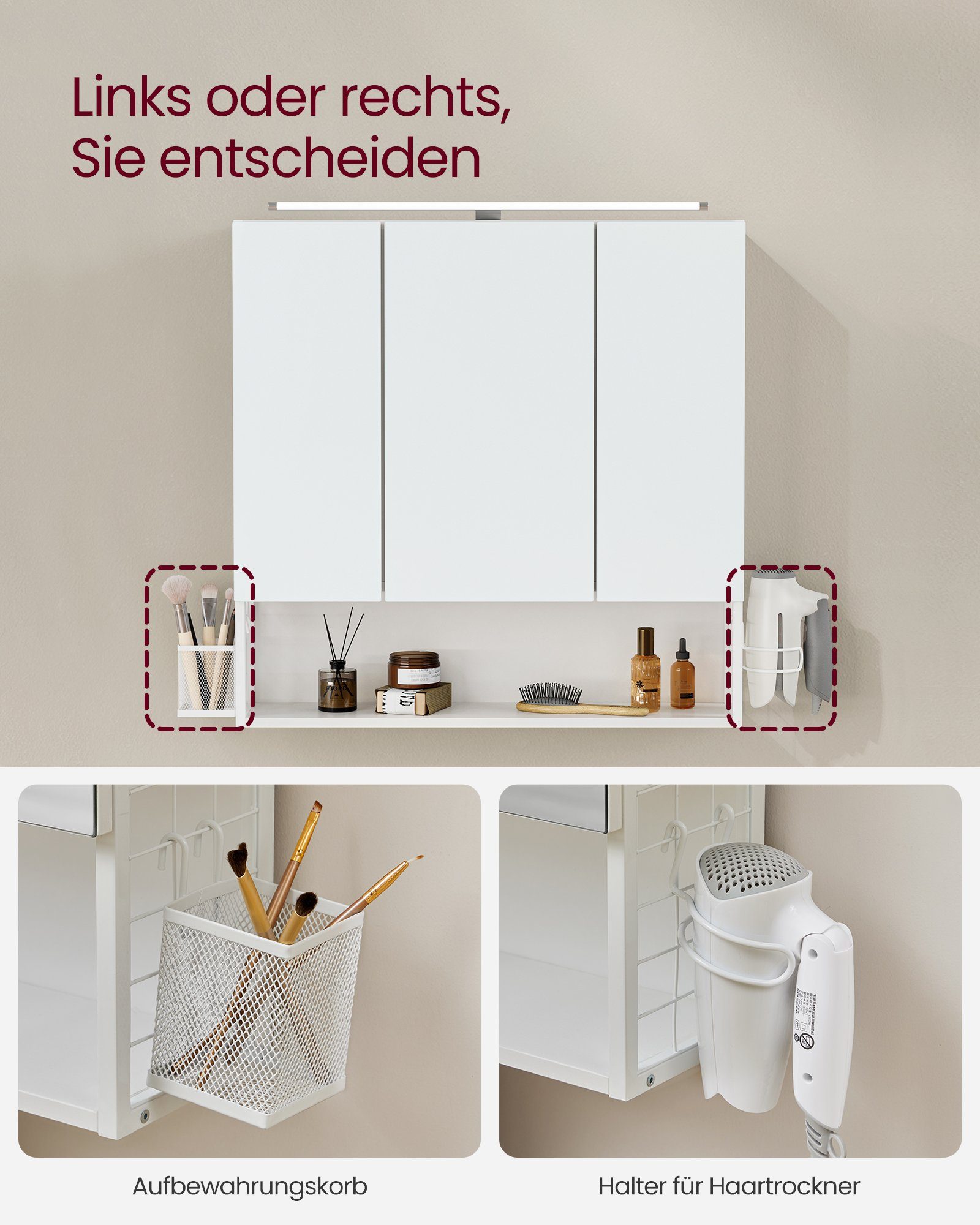 VASAGLE Spiegelschrank Badezimmerschrank mit Beleuchtung, Kabel