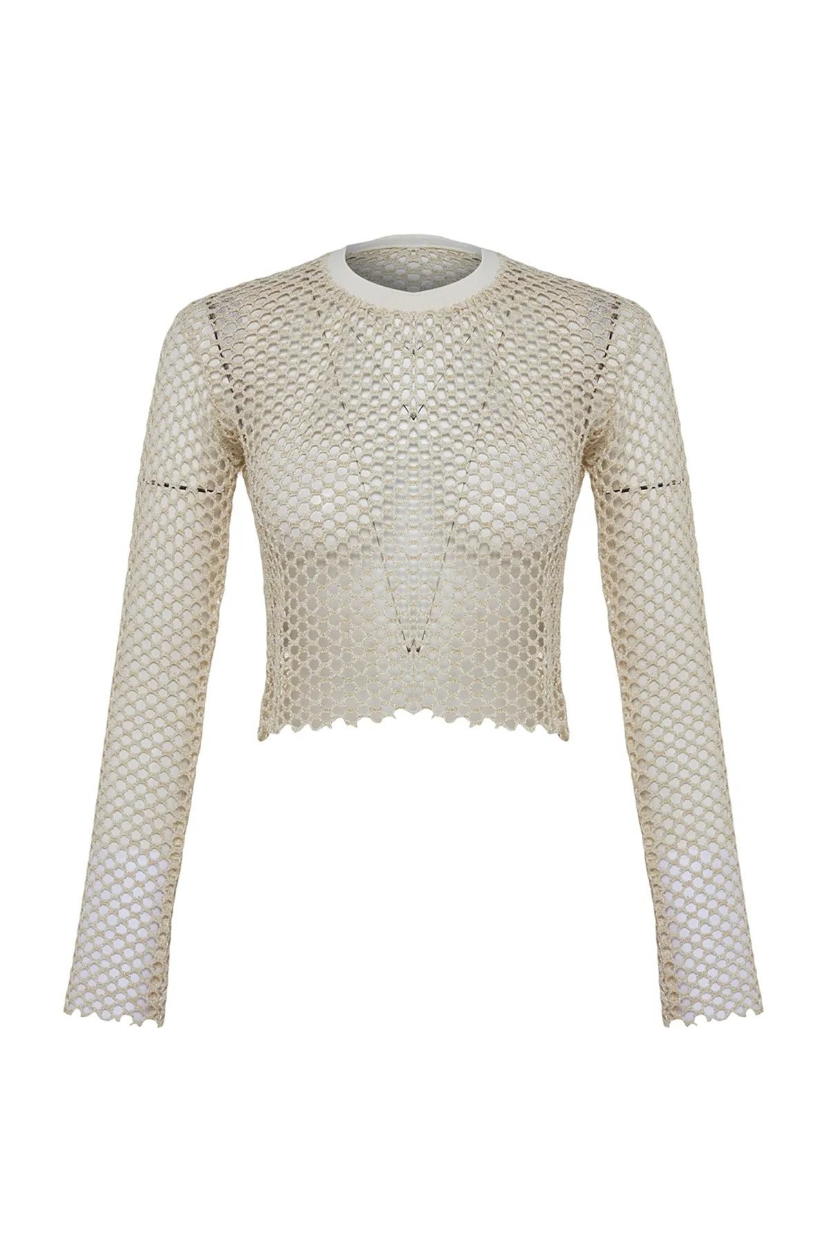 Trendyol Collection  Beigefarbene, locker geschnittene, bauchfreie Strickbluse aus Lurex-Mesh mit Rundhalsausschnitt TWOSS23BZ00523