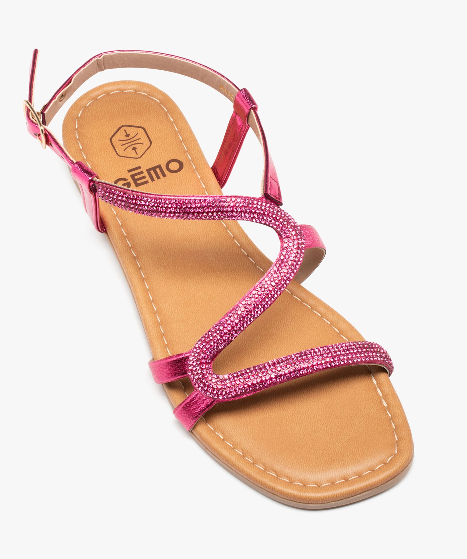 Sandales femme plates avec bride à strass métallisée rose | GEMO