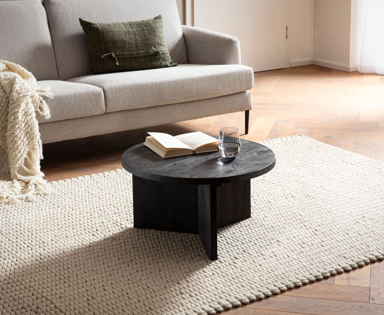 Wohnling Couchtisch Massivholz Schwarz Sofatisch 60x60x33cm Wohnzimmertisch Rund