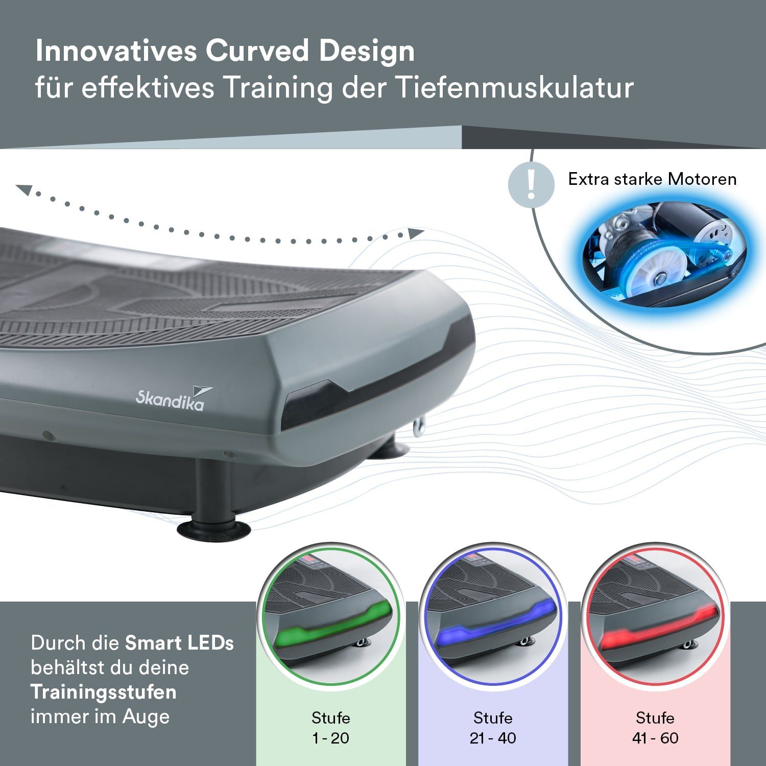 Skandika Vibrationsplatte 3D Vibration V2000 (grau) Curved Design, 2 Starke Motoren, Trainingsbänder, Poster, Fernbedienung, Bluetooth