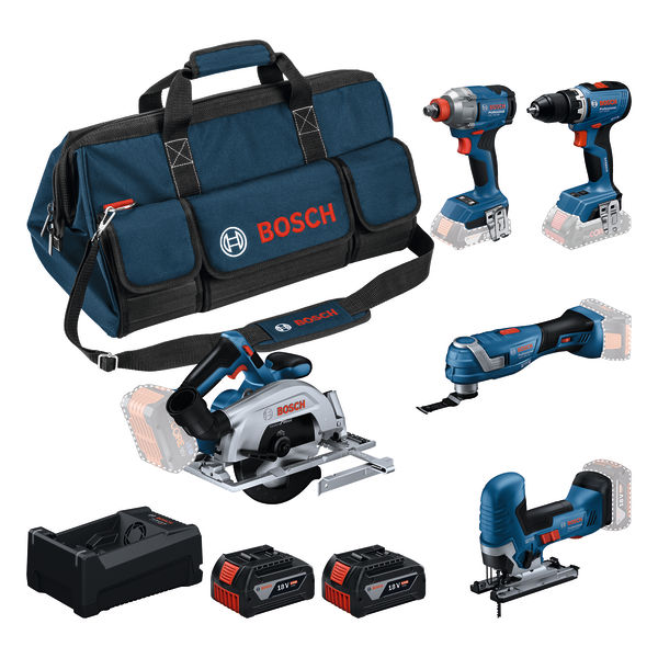 Bosch Blauw 0615A500BV Accutoolkit komplet 5 orodij 18V GSR 18V-65, GDX 18V-285, GKS 18V-57-2, GOP 18V-34, GST 18V-125 S 2x GBA 5.0Ah akumulatorji in polnilni GAL 12V-18V-80 v torbi za orodje