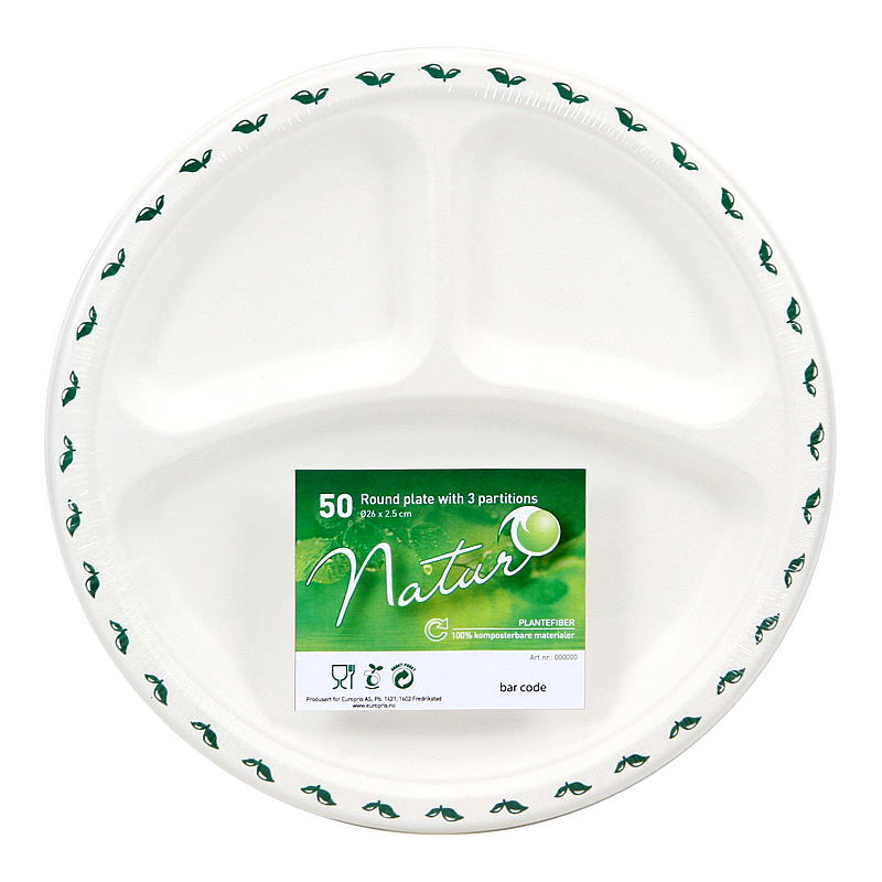 Natur Engangstallerken 50-pk ø 26cm, 3-delt
