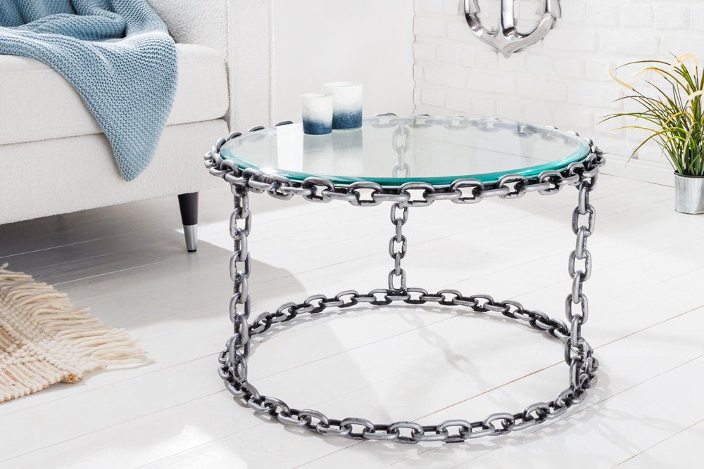 riess-ambiente Couchtisch CHAINS 65cm transparent / silber (Einzelartikel, 1-St), Wohnzimmer · Glas · Metall · Handarbeit · Kettengestell · Industrial