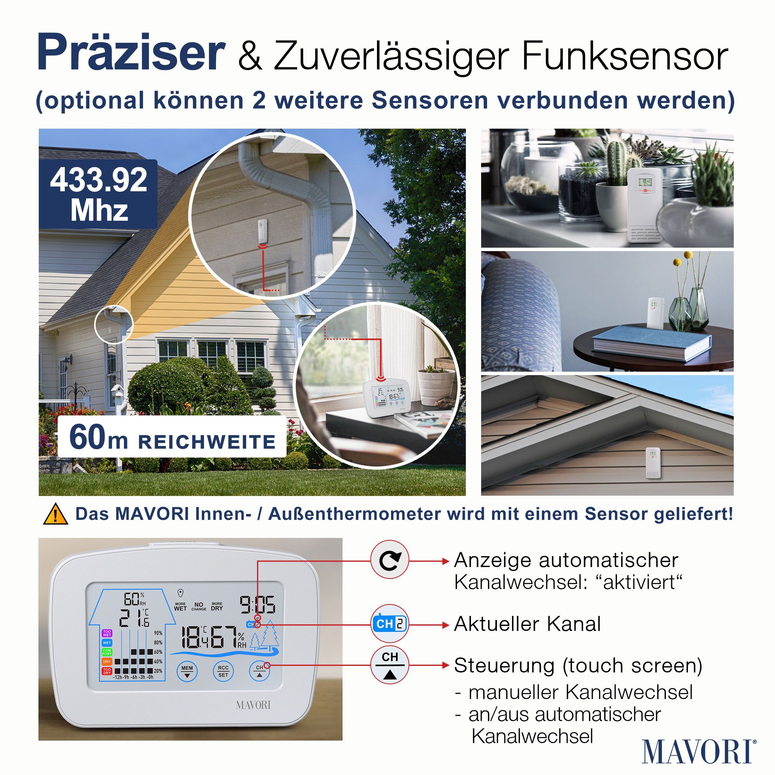 MAVORI Funk Hygro-Thermometer mit Außensensor – präzise und dekorativ Funkwetterstation (Funk Außensensor, Funkuhr)