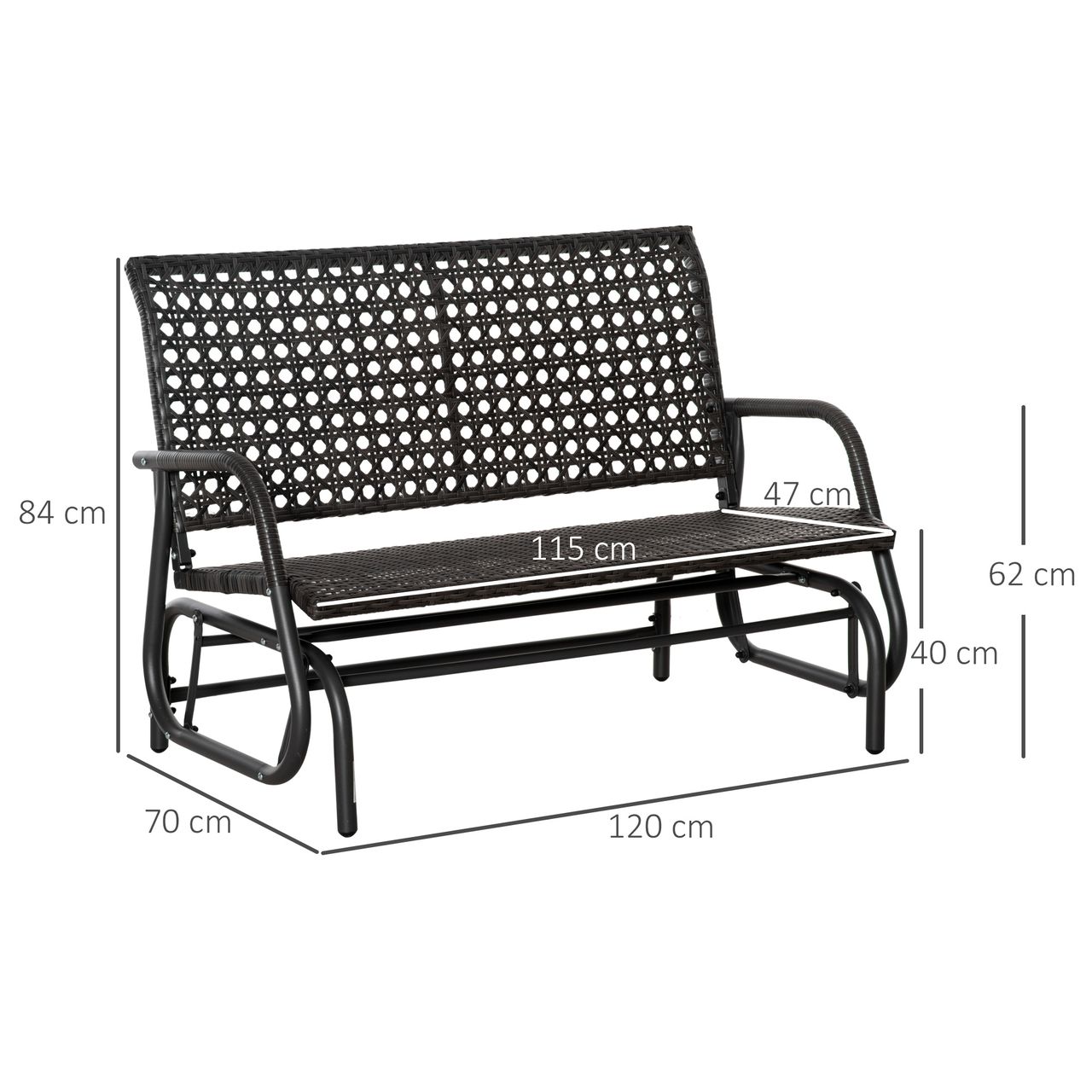 Outsunny Polyrattan Schaukelbank 2-Sitzer Outdoor Terrasse Garten Loveseat Gartenschaukel mit Rückenlehne Sitzbank Parkbank Grau 70 x 120 x 84 cm
