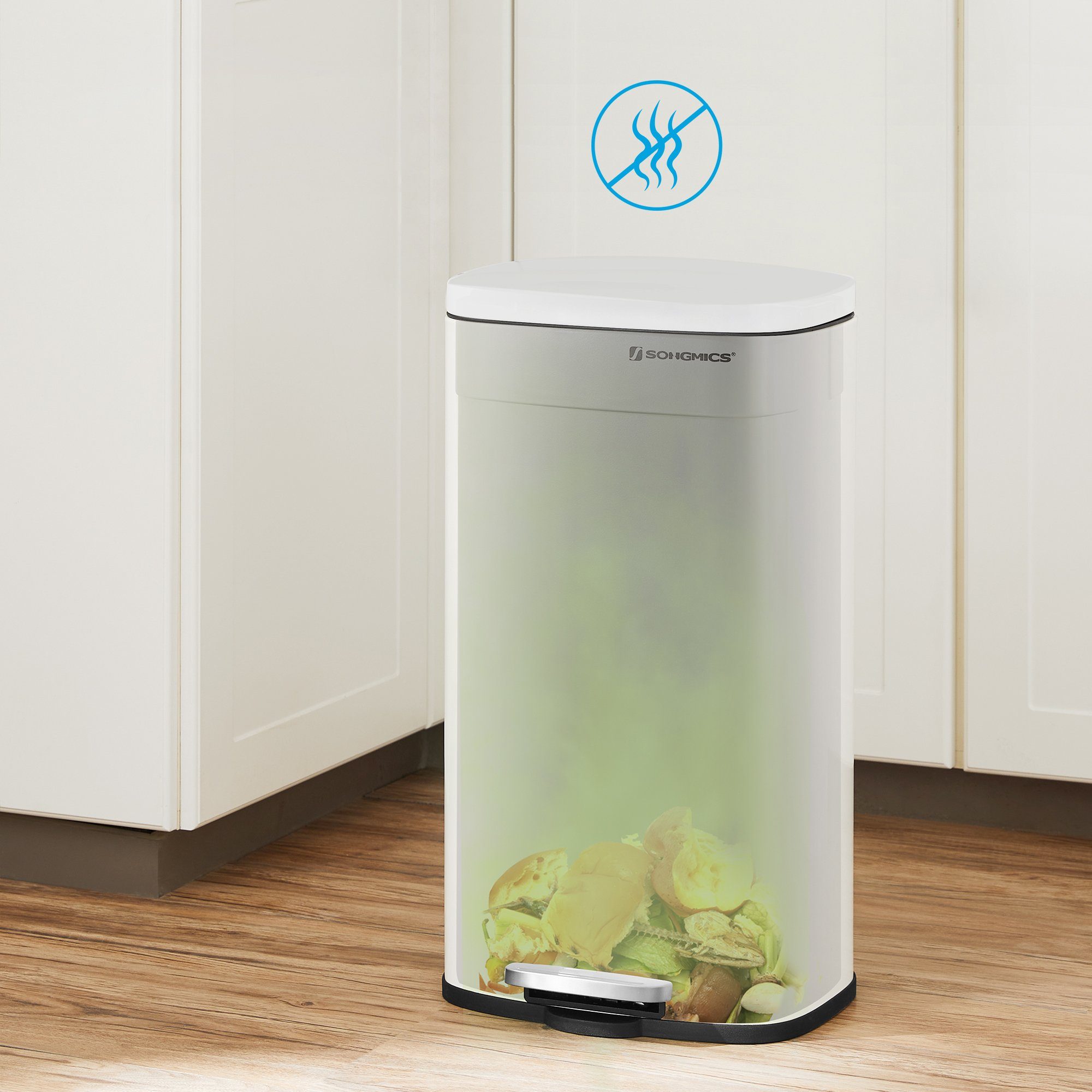 SONGMICS Mülleimer Abfalleimer, 50 L, luftdicht, Küche, silbern,Weiß