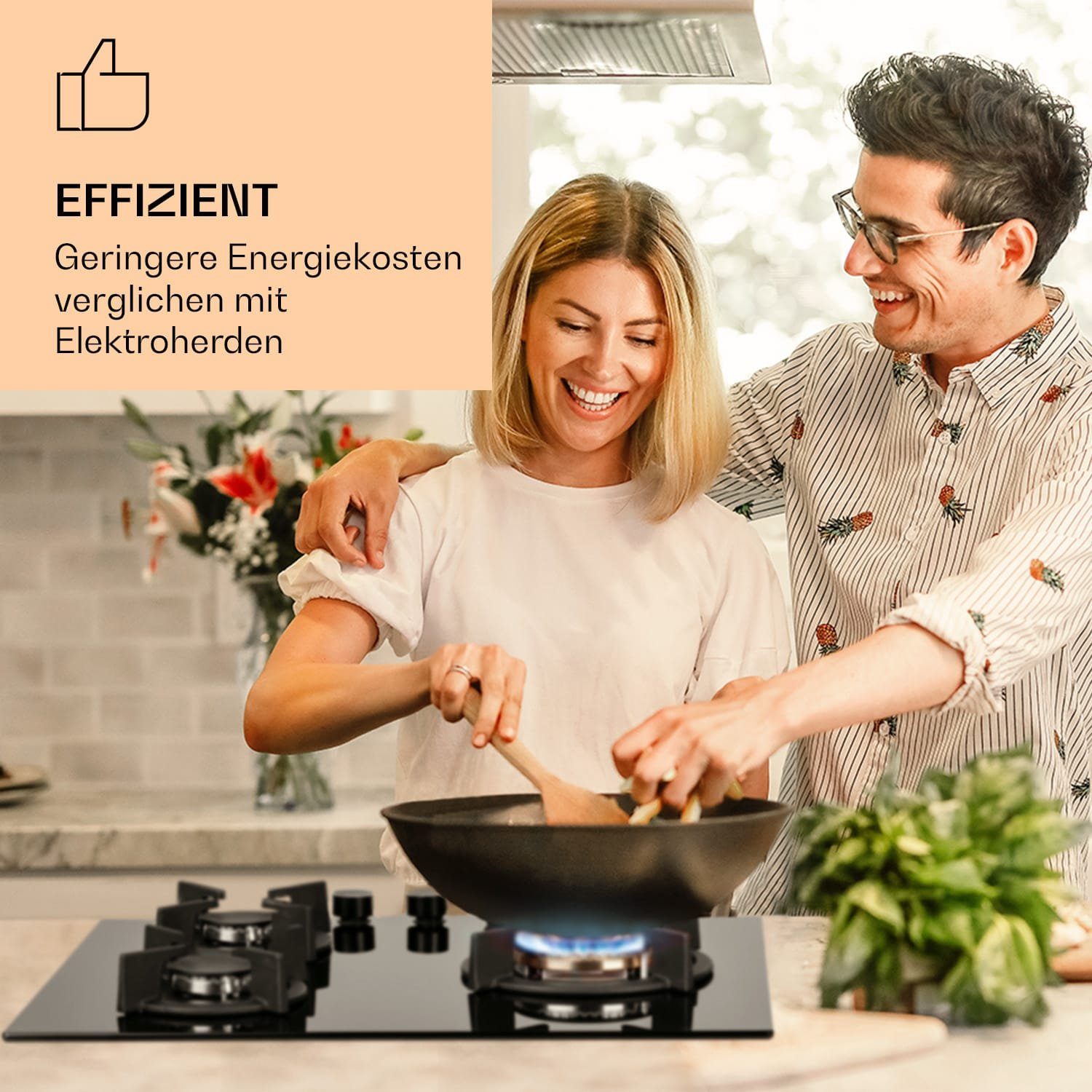 Klarstein Gas-Kochfeld Goldflame 3 Gaskochfeld 3-flammig Messing-Brenner Glaskeramik CP11-Goldflame-3, Einbau Gas Kochfeld 3 Platten Herdplatte Kochplatte Einbaukochfeld