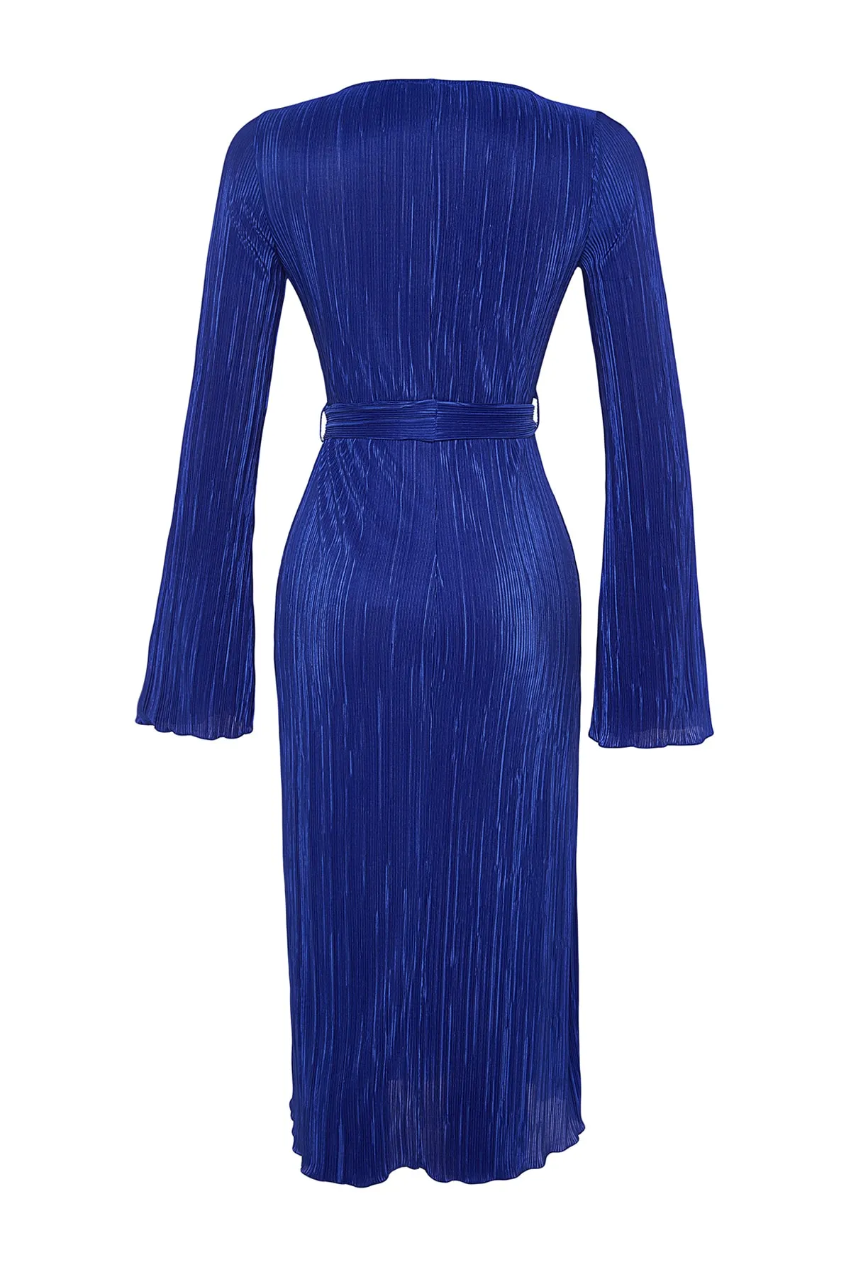 Trendyol Collection  Marineblaues Midi-Strickkleid in A-Linie mit ausgestellten Ärmeln aus Premium-Plisseestoff mit detailliertem Ausschnitt TWOAW24EL00125