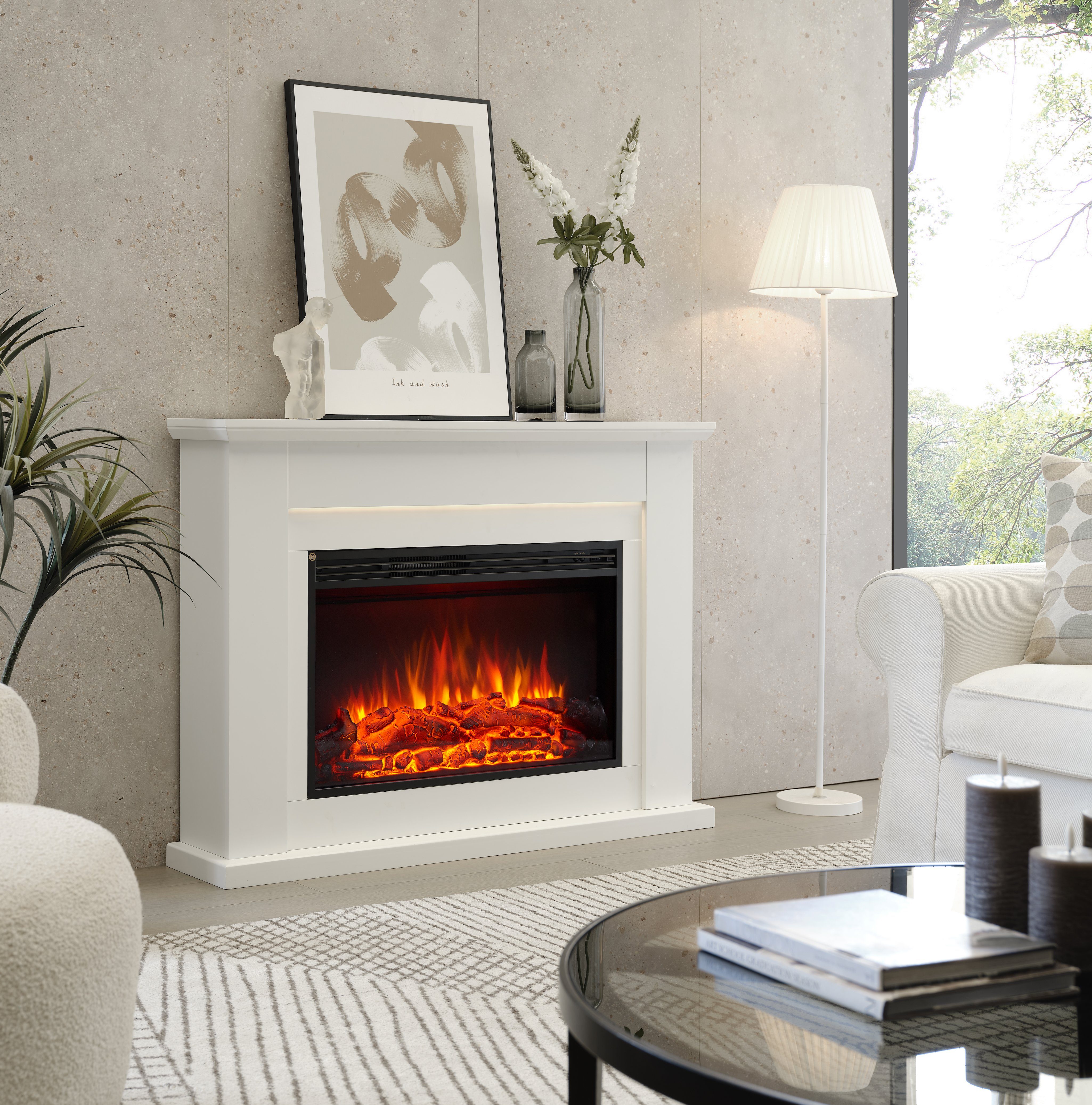 CrownFlame Elektrokamin Typhon, Standkamin mit Heizung 2000W, Heizung, LED-Beleuchtung, 3D-Flammeneffekt & Fernbedienung
