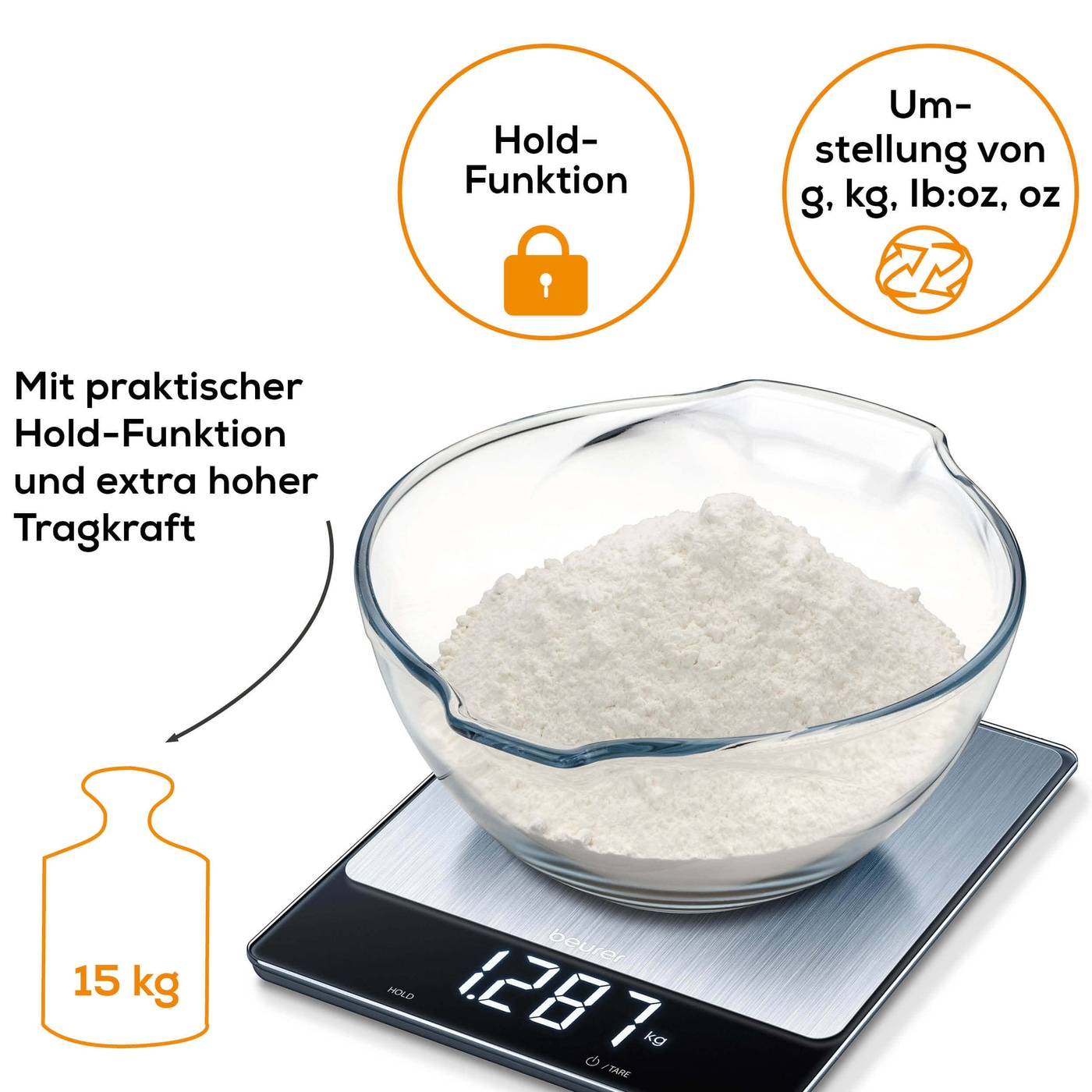Beurer KS 34 XL Stainless Steel Küchenwaage-Edle XL Küchenwaage im Edelstahl-Design mit Magic-Display bis 15 kg