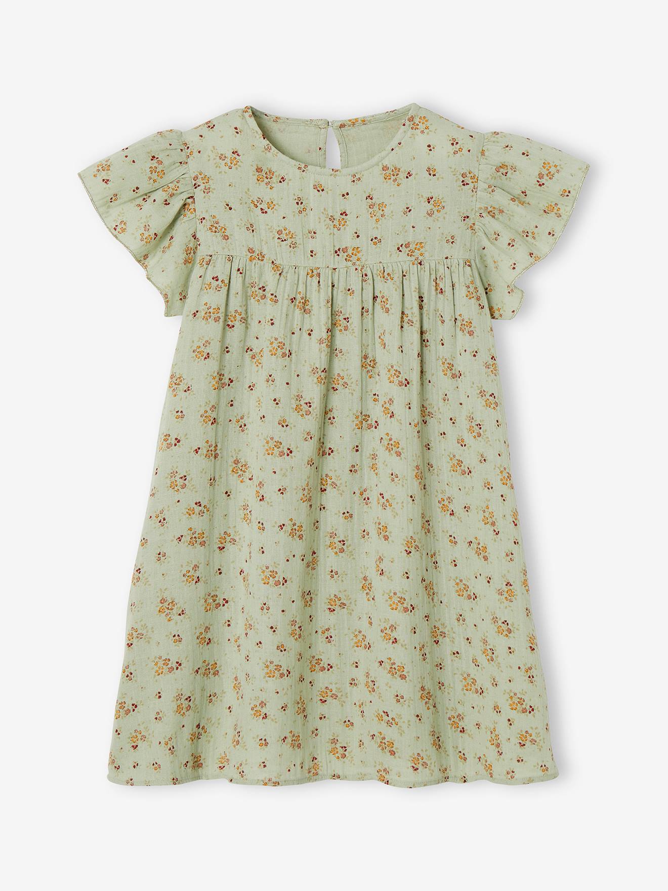 Vertbaudet Mädchen Kleid mit Schmetterlingsärmeln, Musselin - ziegel