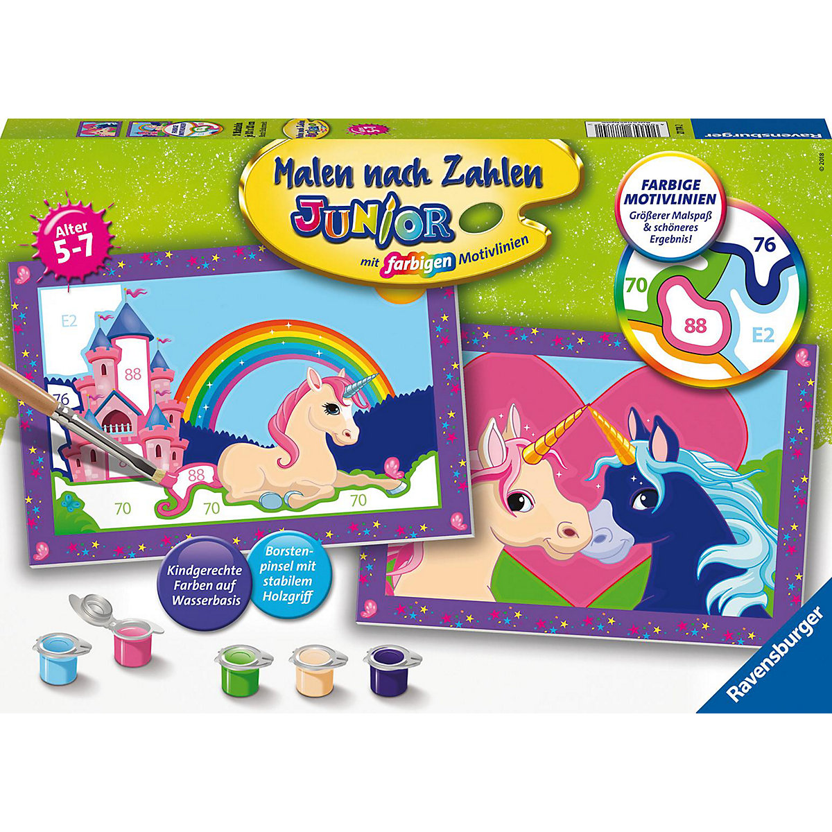 Malen nach Zahlen Junior, 2x je 32x22 cm, mit farbigen Motivlinien, Bunte Einhornwelt