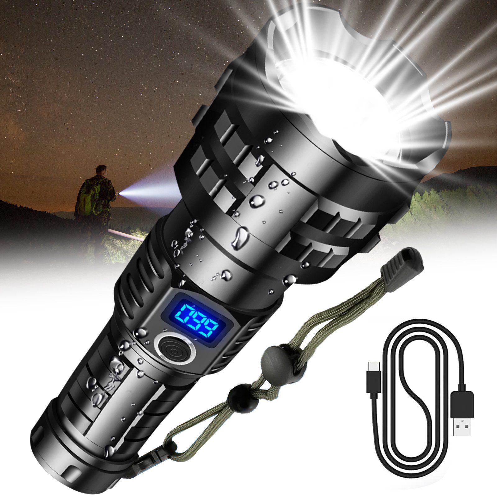 Aoucheni Taschenlampe Taschenlampe LED Aufladbar, 1500 Lumen LED Taschenlampe Extrem Hell (Mit Sicherheitshammer, Zoombar, wasserdicht, 5 Modi), für Camping, Wandern, Outdoor, Notfäll
