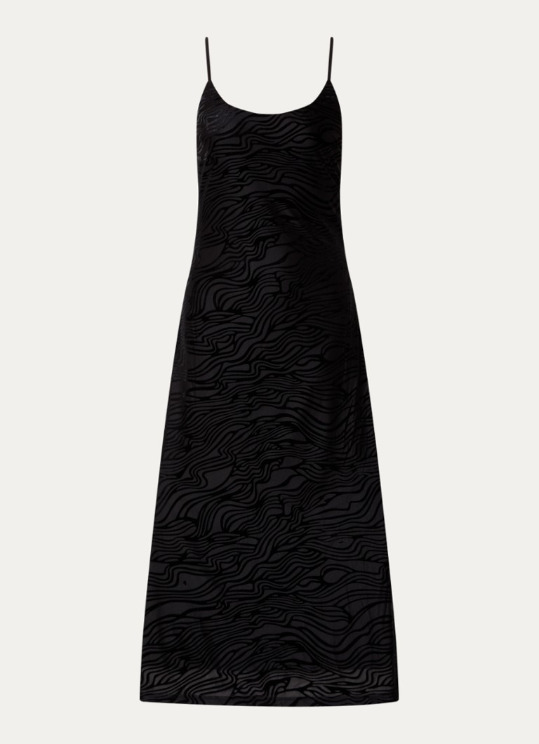 Vestido midi Neo Noir Sali com estampa de zebra e alças finas.