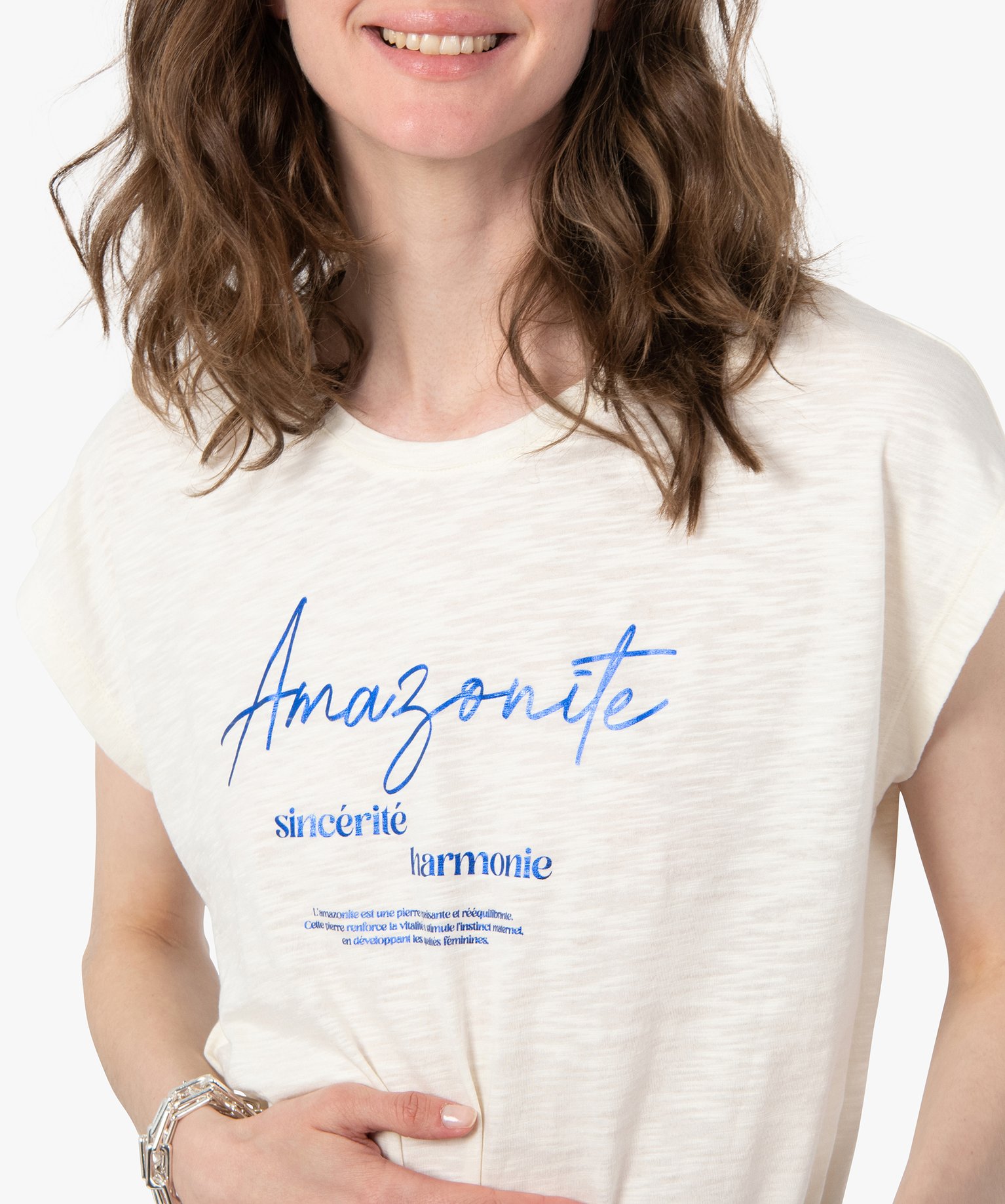 Tee-shirt femme sans manches avec inscription pailletée blanc | GEMO