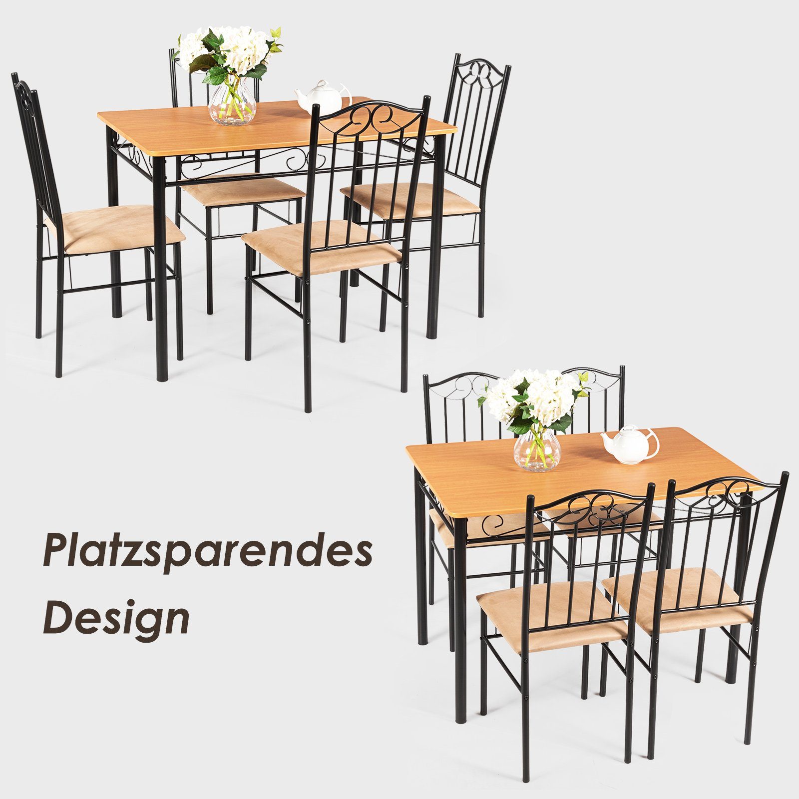 COSTWAY Essgruppe, Esstisch mit 4 gepolsterten Stühlen, Metall, platzsparend