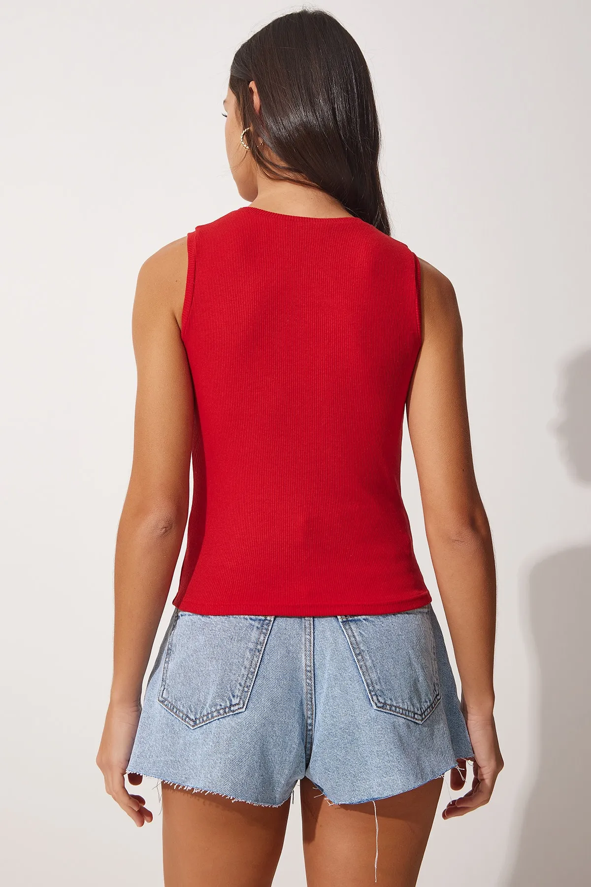 Happiness İstanbul  Rote Damen-Strickbluse aus Baumwolle mit Rundhalsausschnitt GT00020