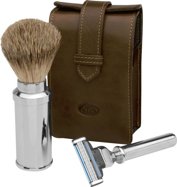 Erbe Solingen Rasier-Set in Ledertasche 13 x 7 cm - braun - Gillette Mach 3 Rasierset