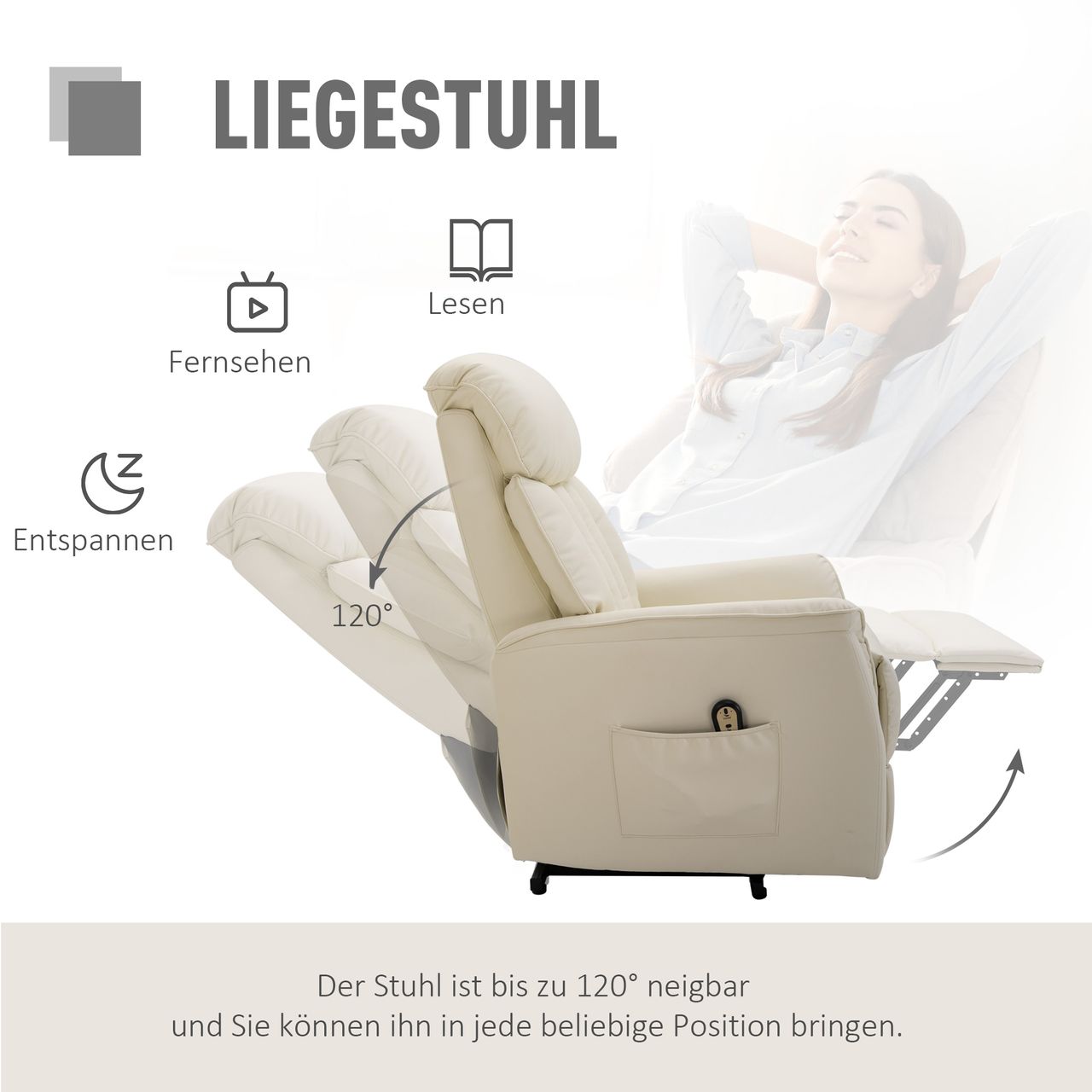 HOMCOM Aufstehsessel Sessel mit Aufstehhilfe Fernsehsessel Liegefunktion Beige