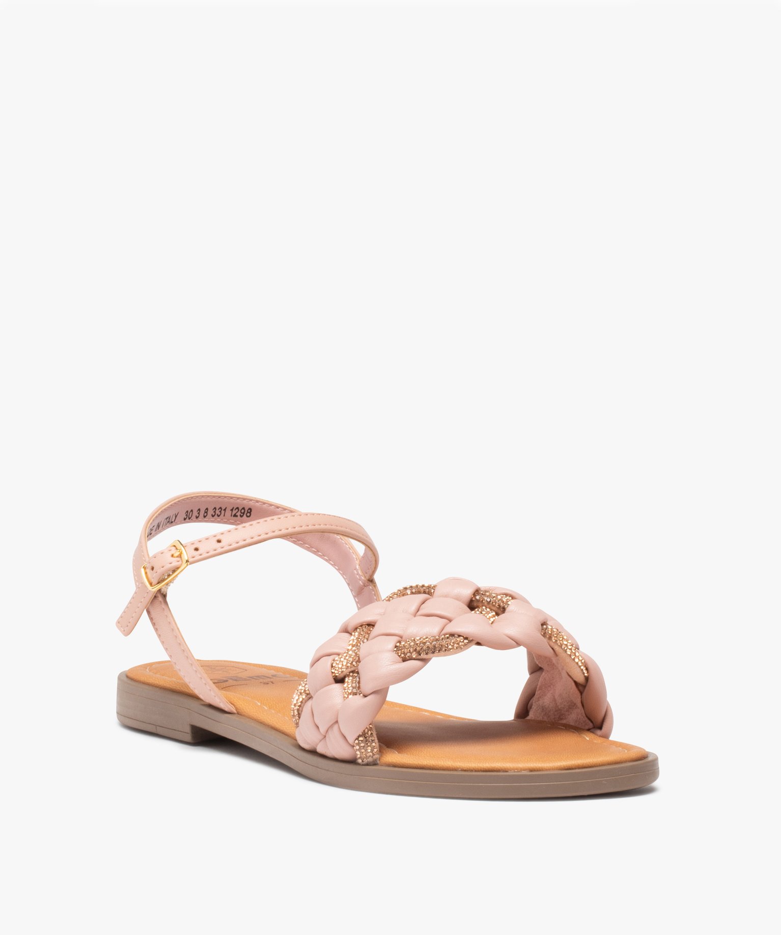Sandales femme plates à bride tressée et à strass rose | GEMO