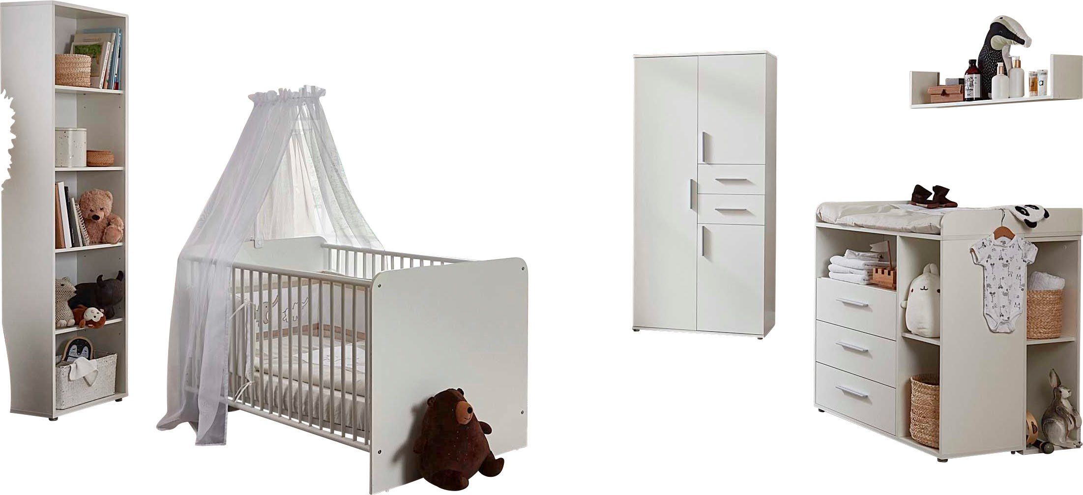 BMG Möbel Babyzimmer-Komplettset Lea, (Set, 7-St., Bett, Wickelkommode, Schrank, Standregal, Unterstellregale, Wandboard), Bett + Wickelkommode + 3-trg. Schrank + Standregal + Wandboard