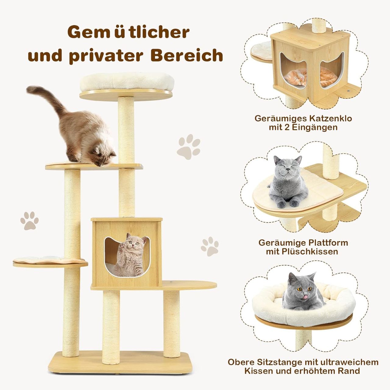 Costway 135cm Katzenbaum 4-stufiger Katzenkratzbaum Holz