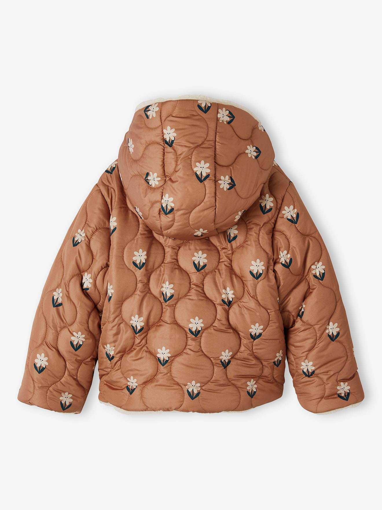 Doudoune à capuche réversible fille matelassée et sherpa noisette