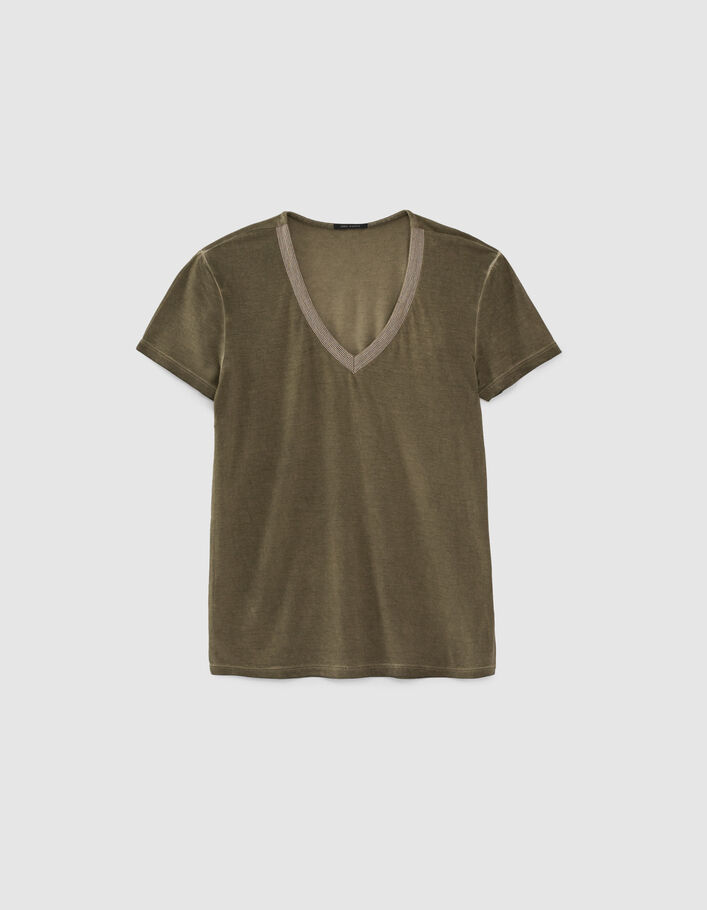 Tee-shirt kaki col bijoux femme