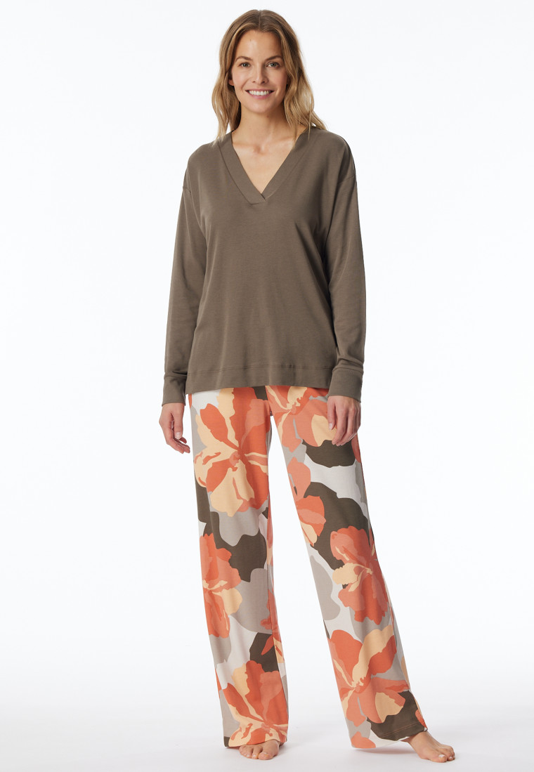 Schlafanzug lang Interlock taupe bedruckt - Modern Nightwear