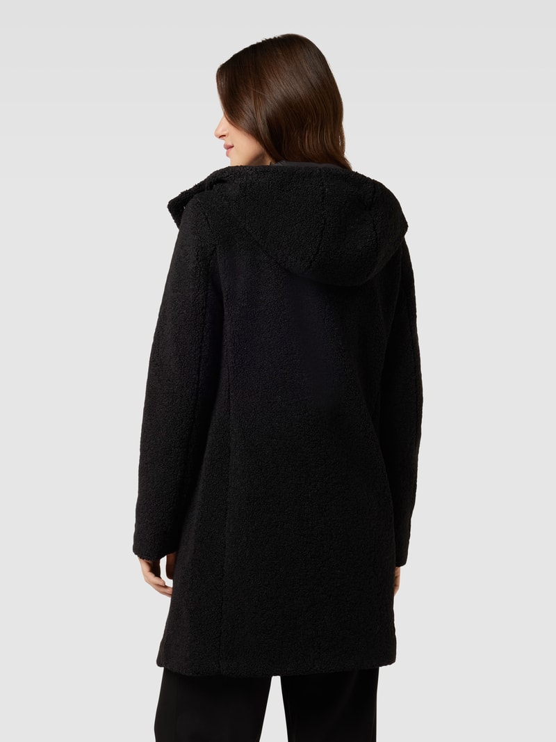 Mantel in Teddyfell-Optik mit Kapuze in schwarz