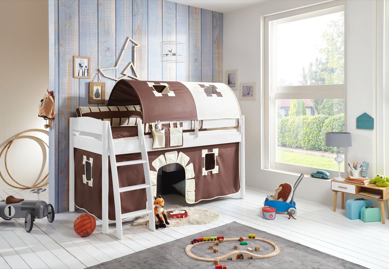 Relita Halbhohes Bett MICHELLE 90x200 cm Buche massiv weiß lackiert, mit Textilset Vorhang, 2-Tunnel, Tasche Burg
