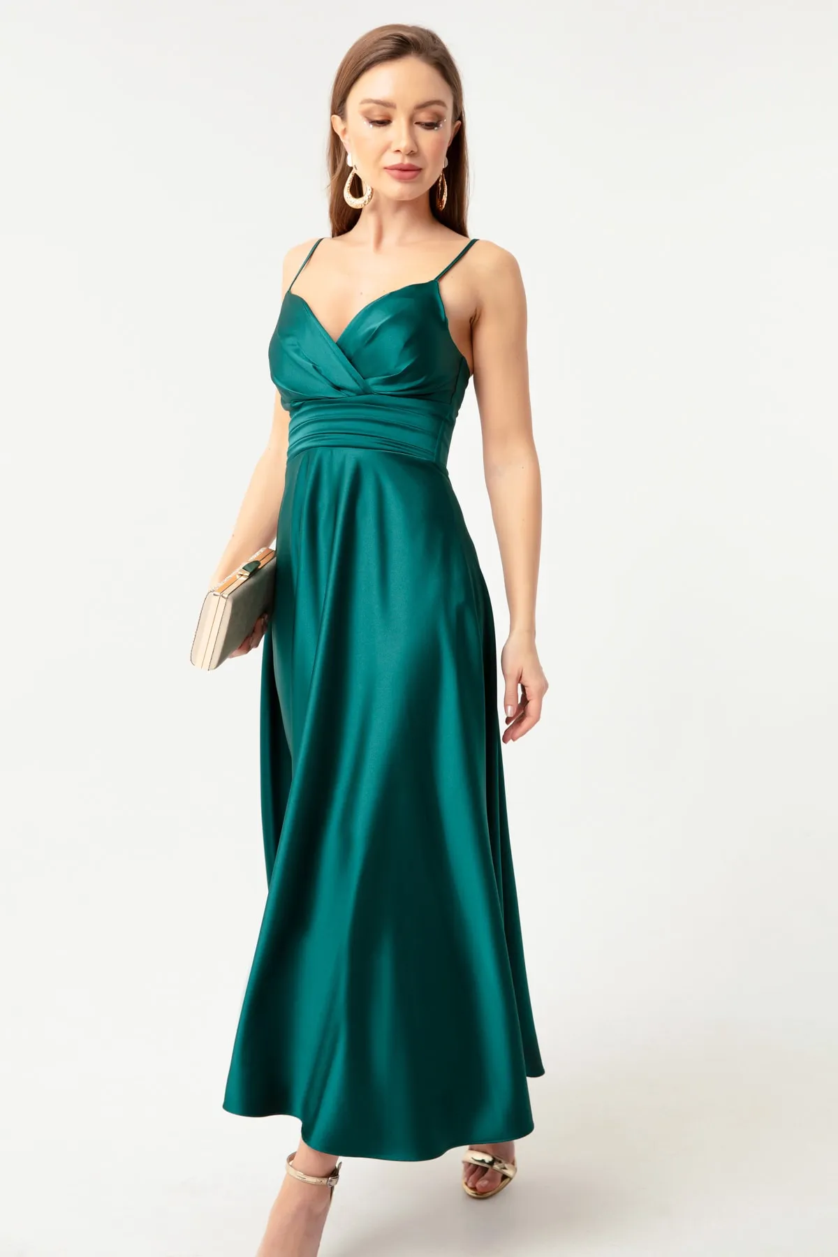Lafaba  Smaragdgrünes Satin-Midi-Abendkleid und Abschlusskleid mit Taillengürtel und Seilriemen für Damen
